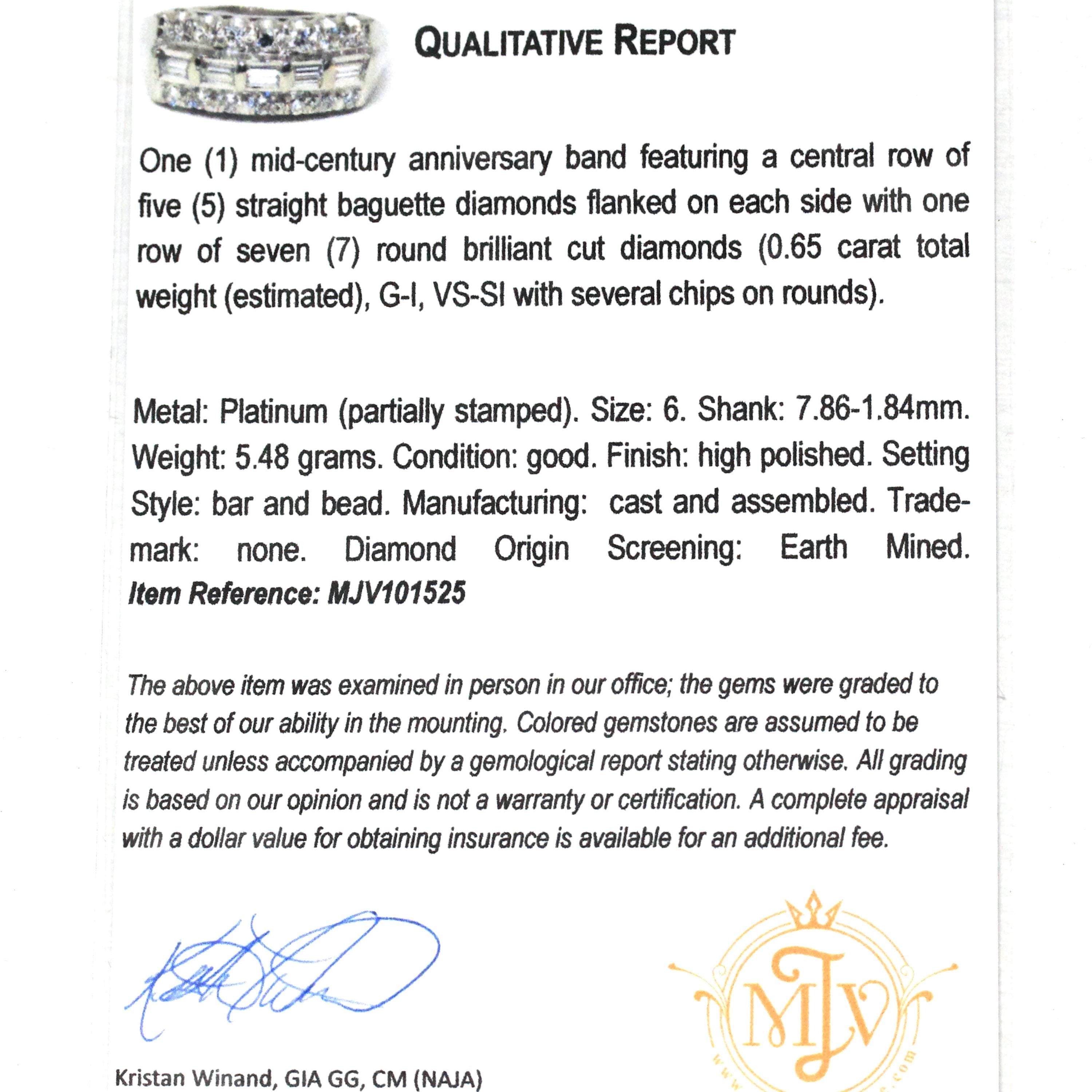 Platinum Diamond Band - Mid Century .65 CTW Natural Round & Baguette Cuts - Circa 1950s Size 6 Fine Wedding Band Qualitative Report Jewelry