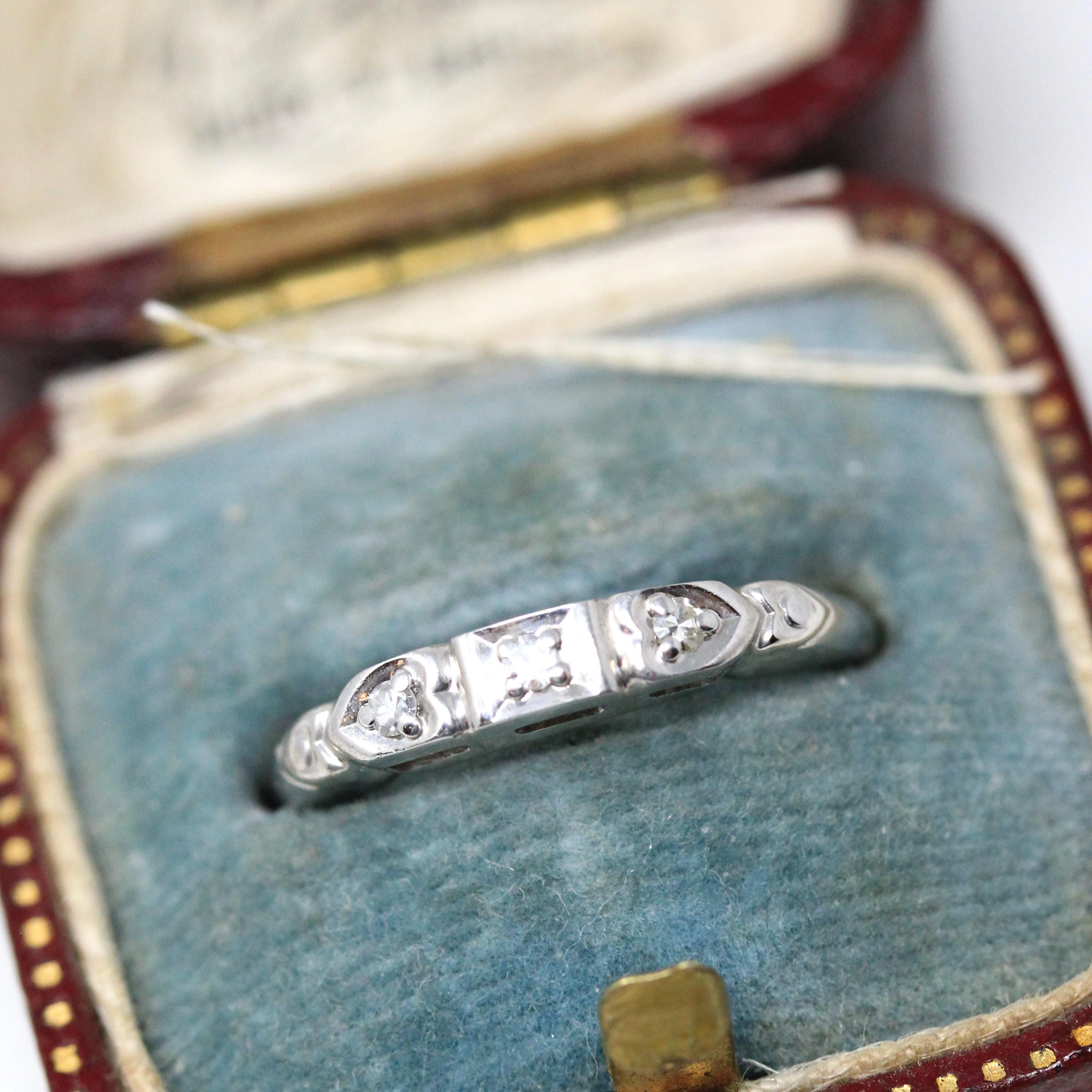 Retro Diamond Band - Vintage 14k White Gold Natural .06 CTW Gemstone Ring - Circa 1950s Size 5 1/4 Fine Mid Century Wedding Bridal Jewelry