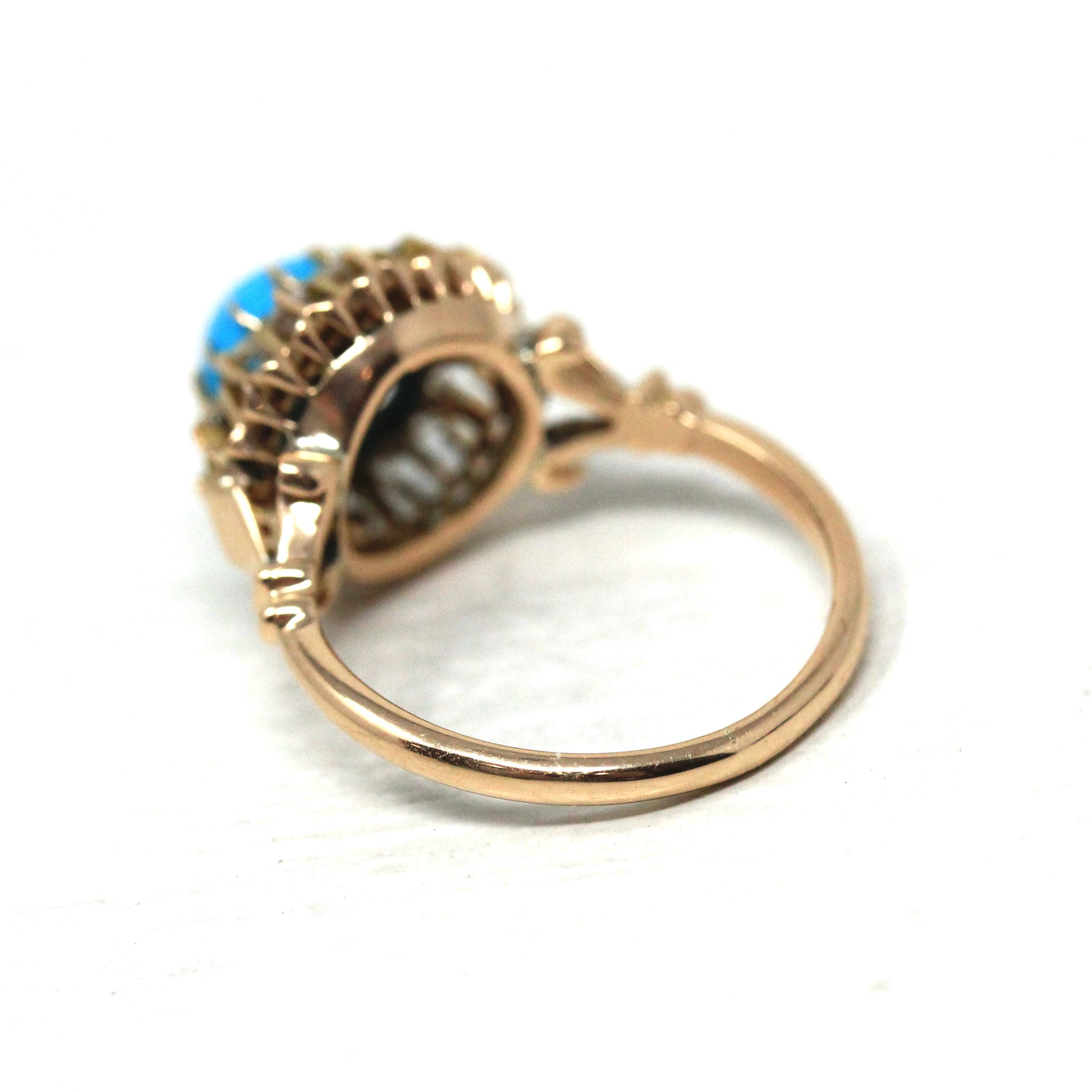 Victorian Turquoise Ring - Antique 18k Rose Gold Natural Diamond Halo - Size 4 1/4 Circa 1890s Fine December Birthstone Cluster Jewelry