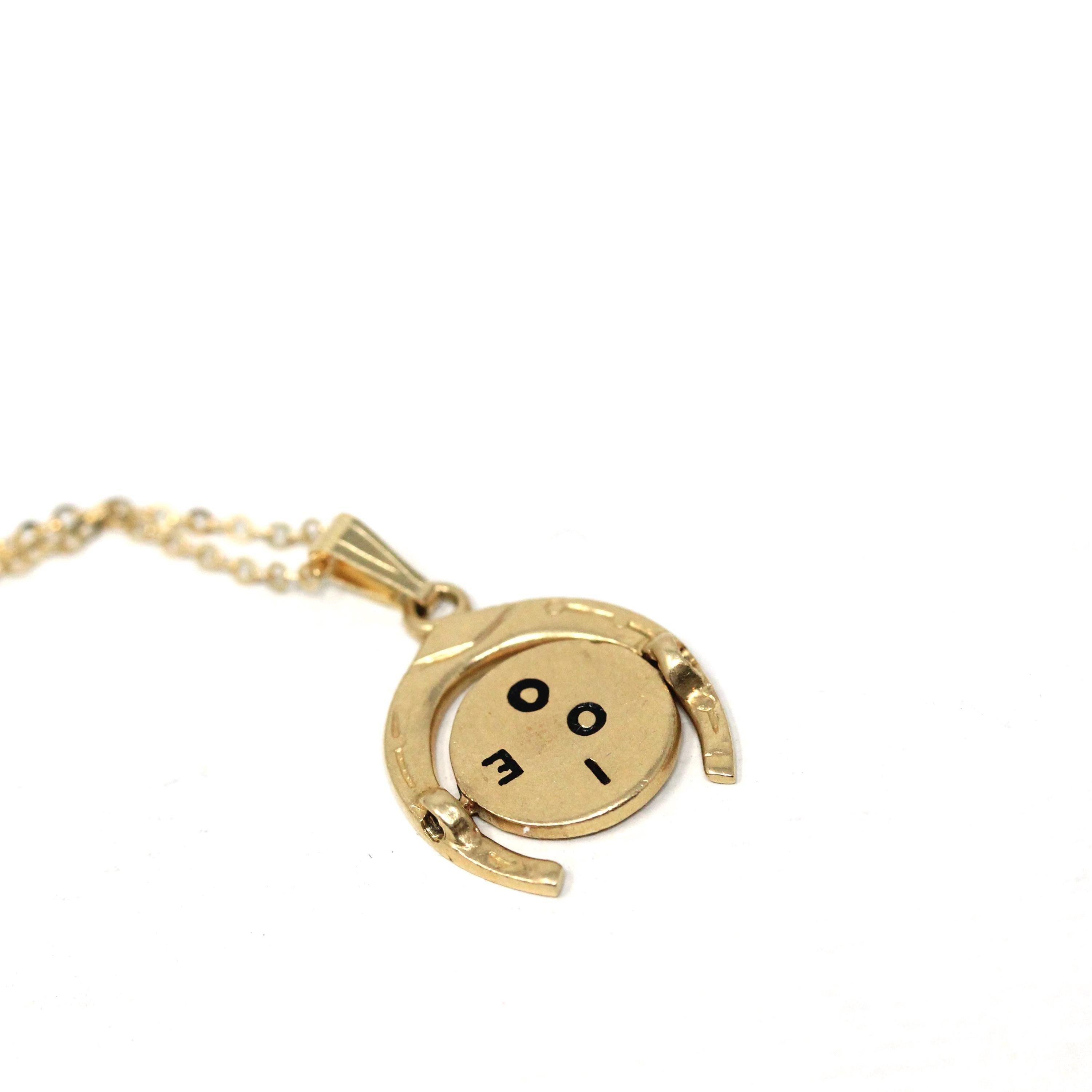 Spinner Charm Necklace - Vintage 14k Yellow Gold Enamel "I LOVE YOU" Round Horseshoe Pendant - Retro Circa 1970s Moving Disc Fine Jewelry