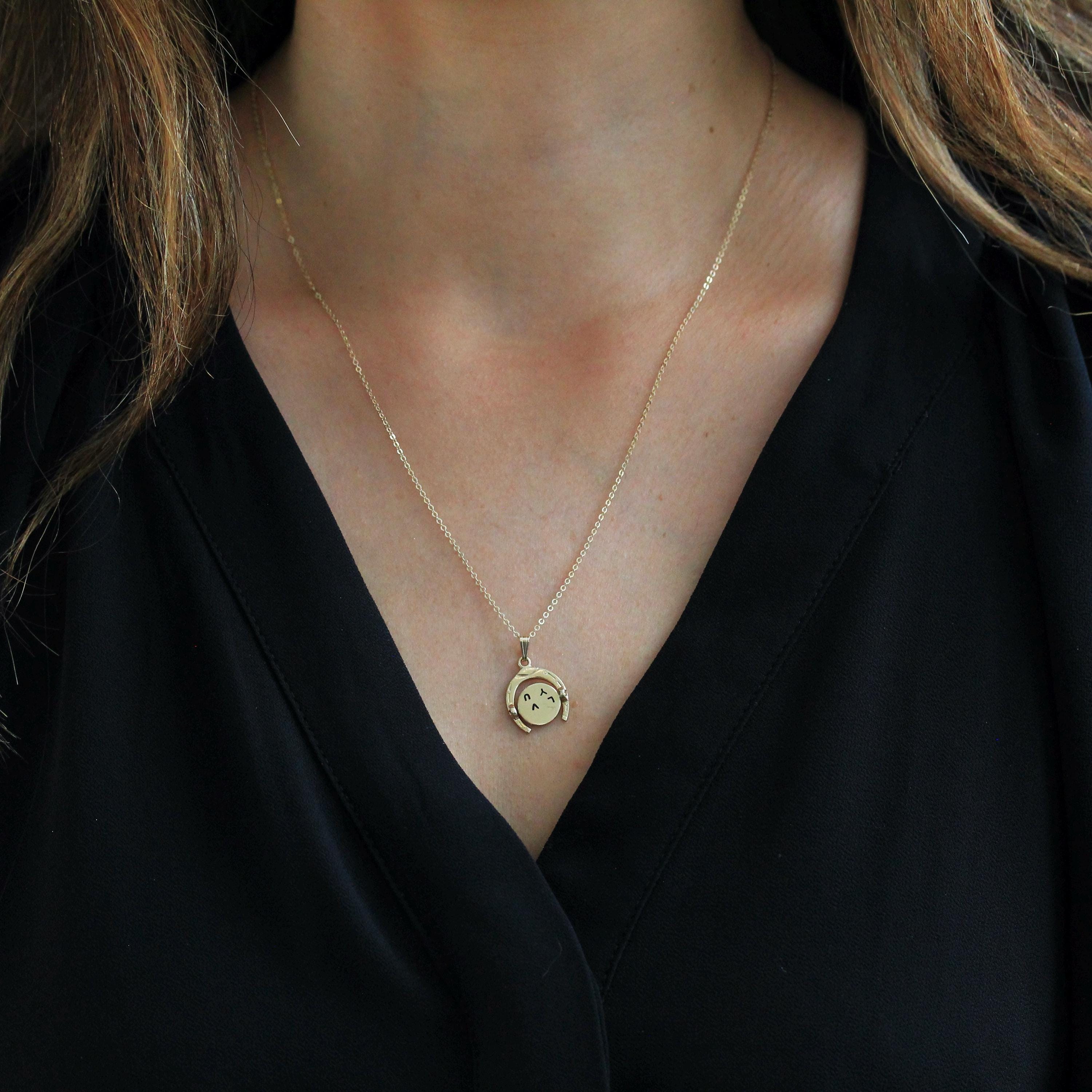 Spinner Charm Necklace - Vintage 14k Yellow Gold Enamel "I LOVE YOU" Round Horseshoe Pendant - Retro Circa 1970s Moving Disc Fine Jewelry