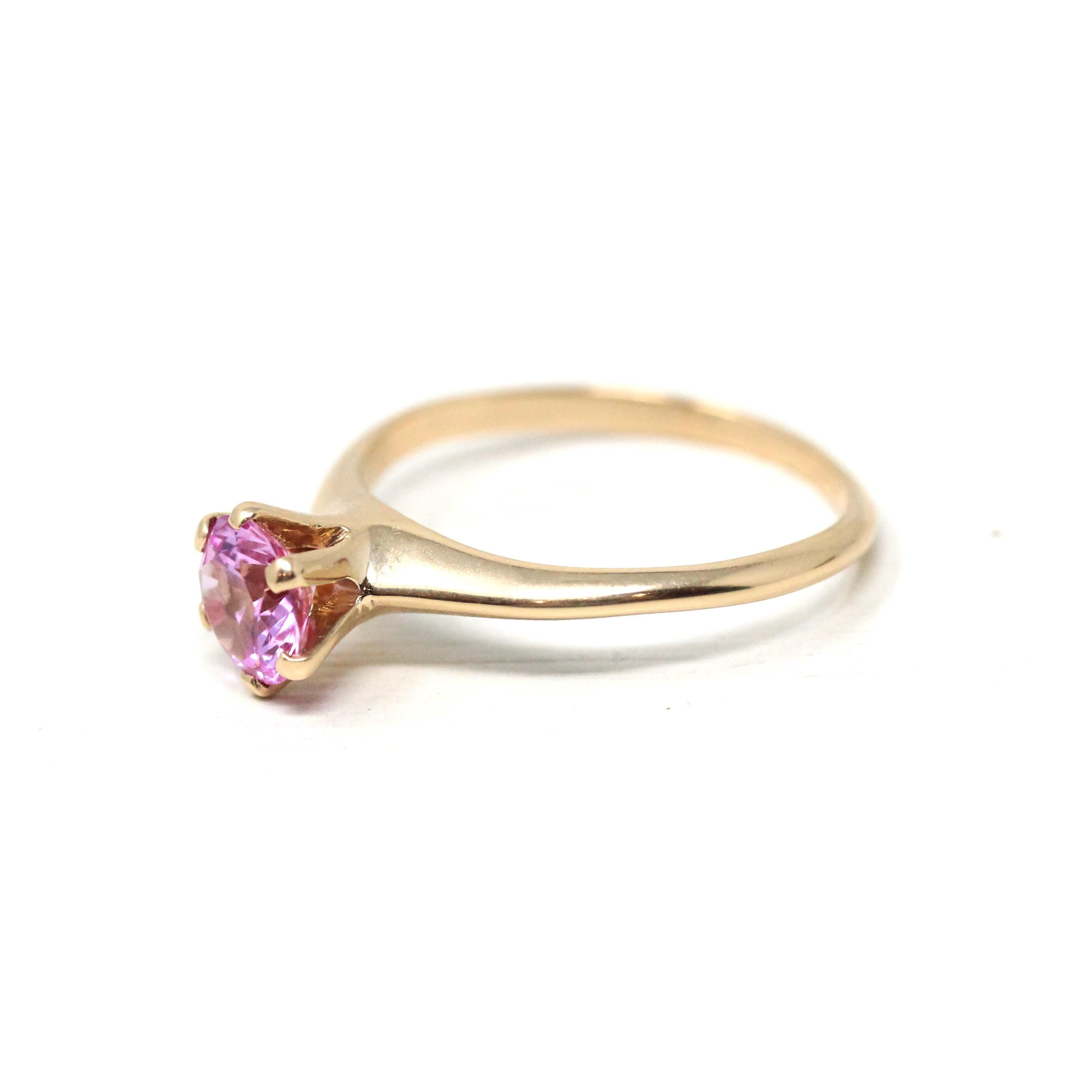 Created Pink Sapphire Ring - Retro 10k Yellow Gold Round Faceted Stone - Vintage Circa 1960s Era Size 6 1/2 Solitaire Style Fine 60s Jewelry