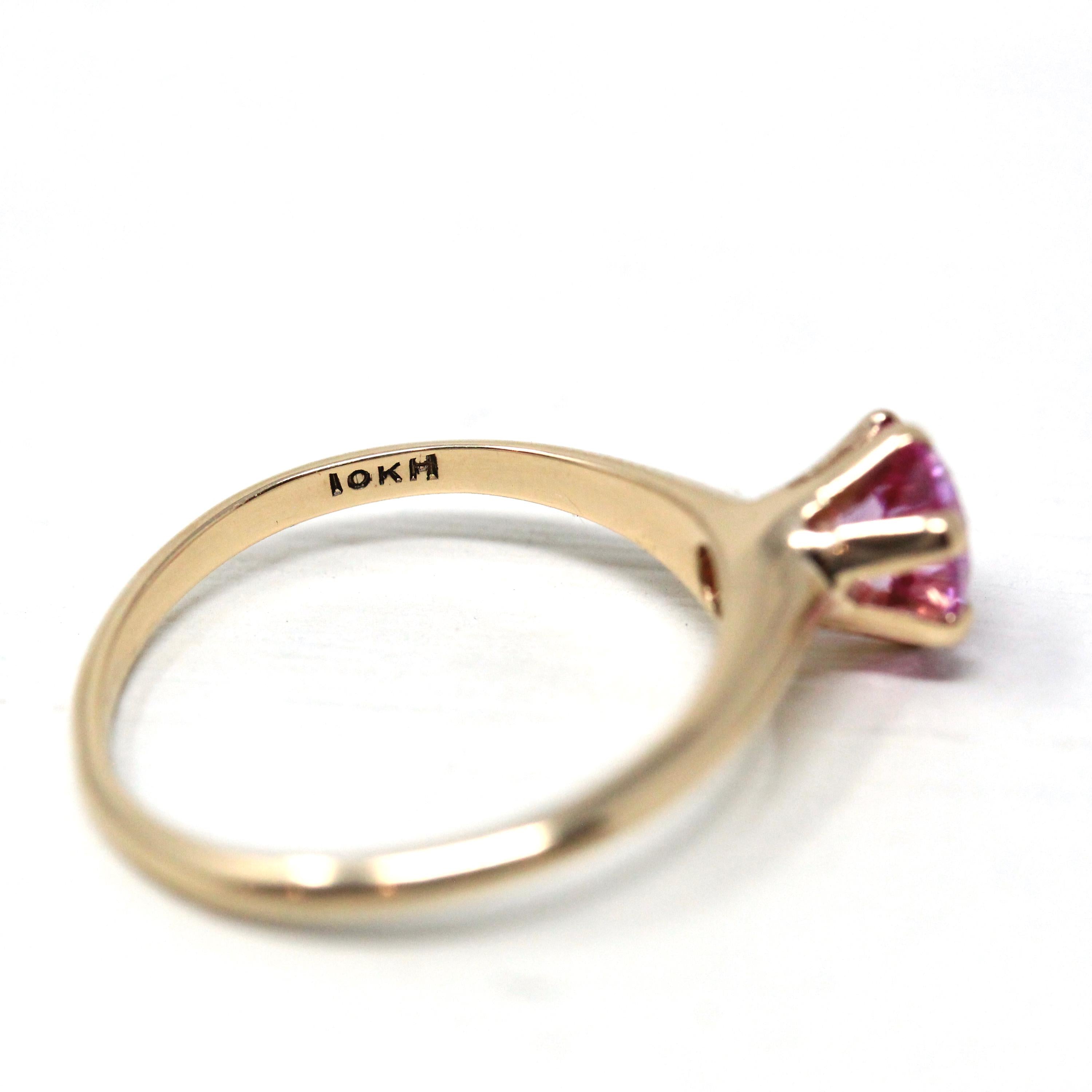 Created Pink Sapphire Ring - Retro 10k Yellow Gold Round Faceted Stone - Vintage Circa 1960s Era Size 6 1/2 Solitaire Style Fine 60s Jewelry