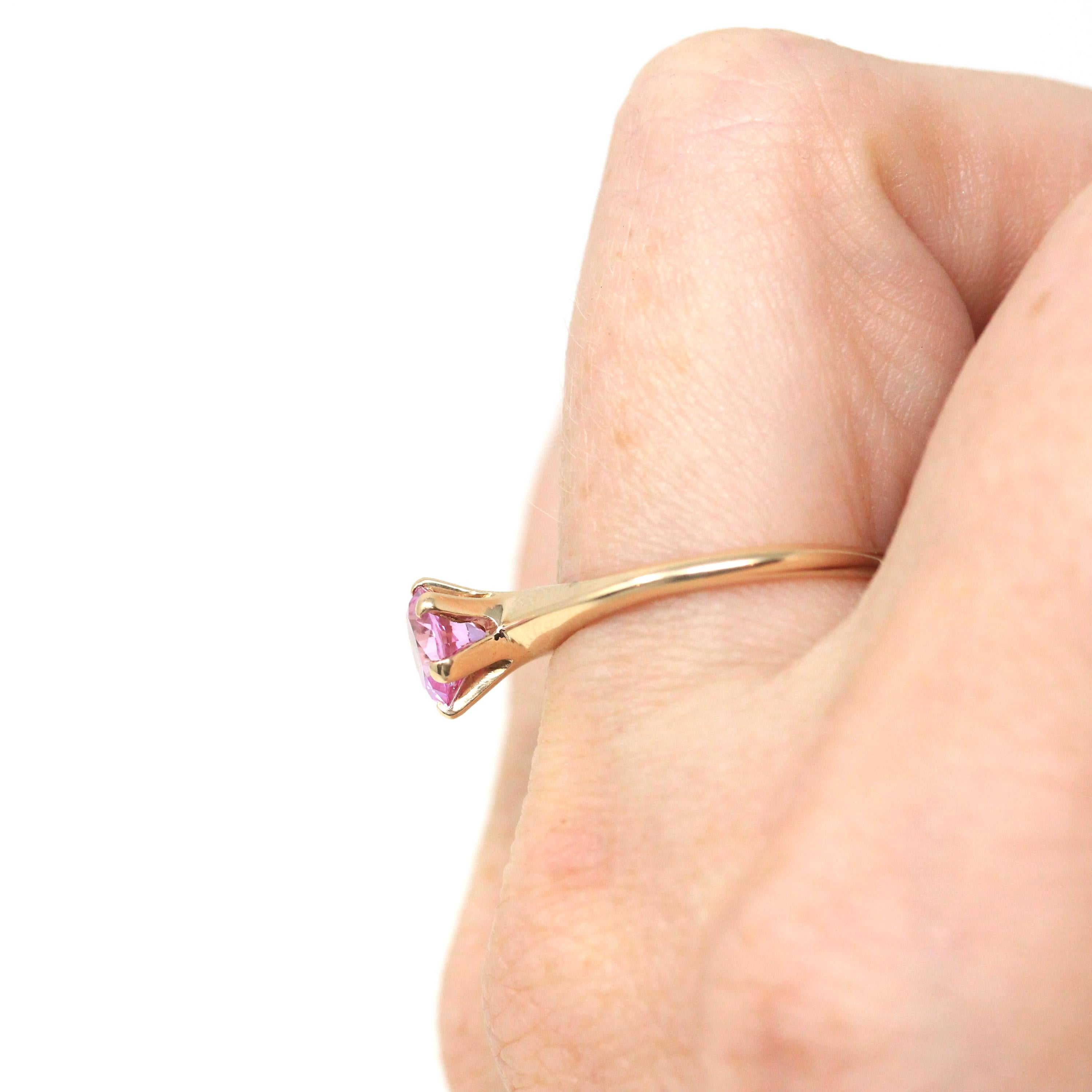 Created Pink Sapphire Ring - Retro 10k Yellow Gold Round Faceted Stone - Vintage Circa 1960s Era Size 6 1/2 Solitaire Style Fine 60s Jewelry