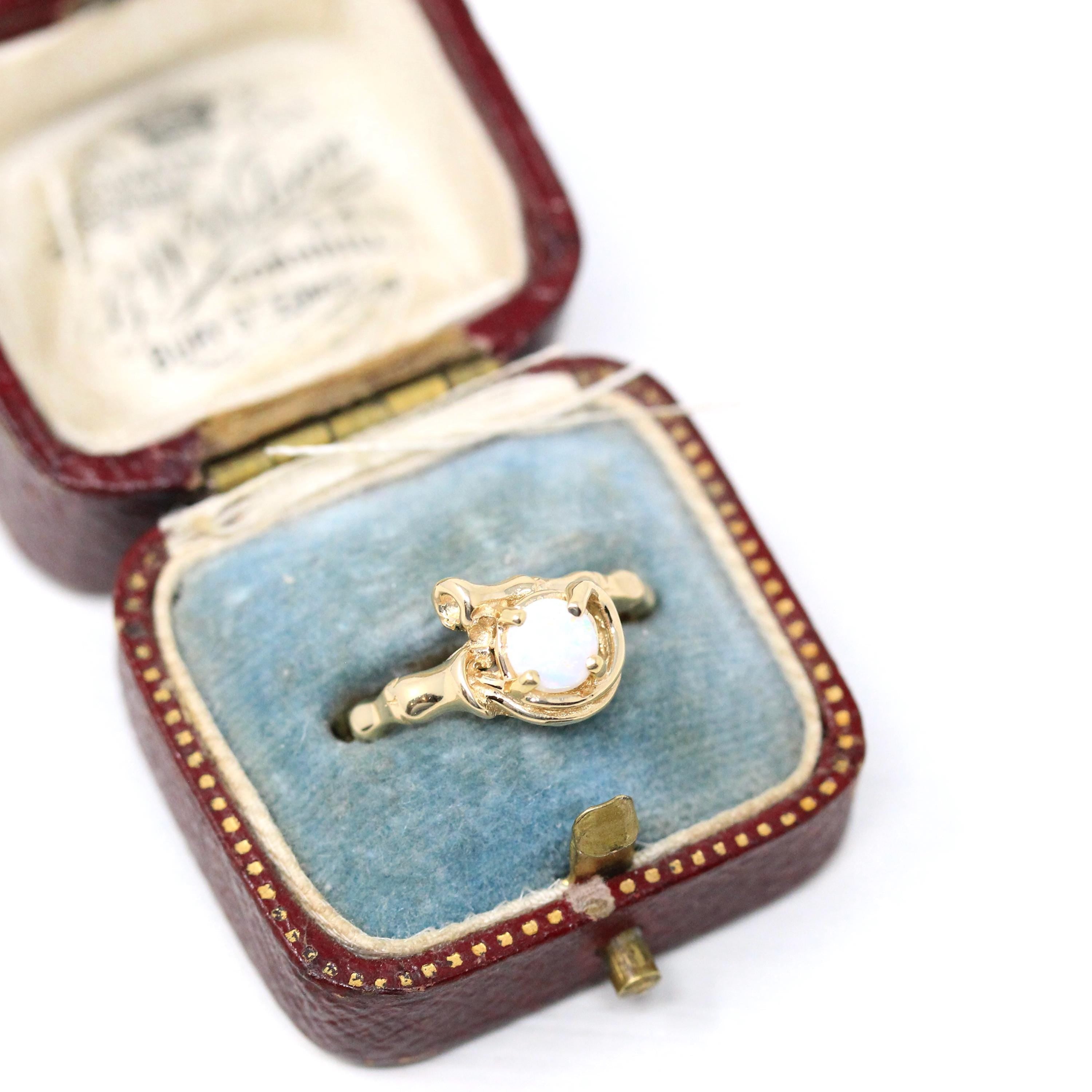 Natural Opal Ring - Modern 14k Yellow Gold Cabochon Cut .22 CT Gemstone - Estate Circa 1990s Era Size 5 3/4 October Birthstone Fine Jewelry