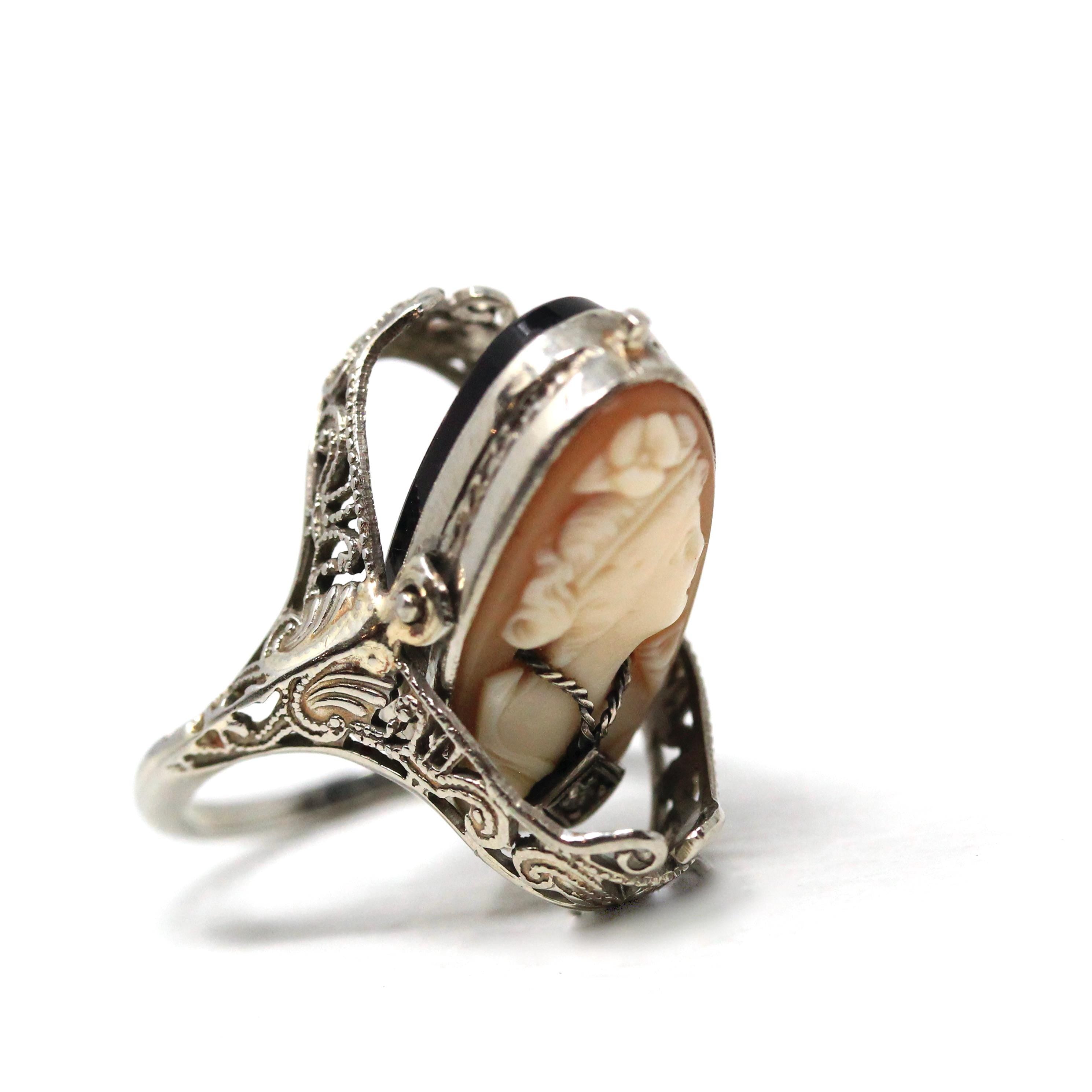 Vintage Flip Ring Art Deco 14k White Gold Double Sided Cameo Black Onyx Diamond Statement Circa 1930s Size 1/4 Reversible Fine Jewelry