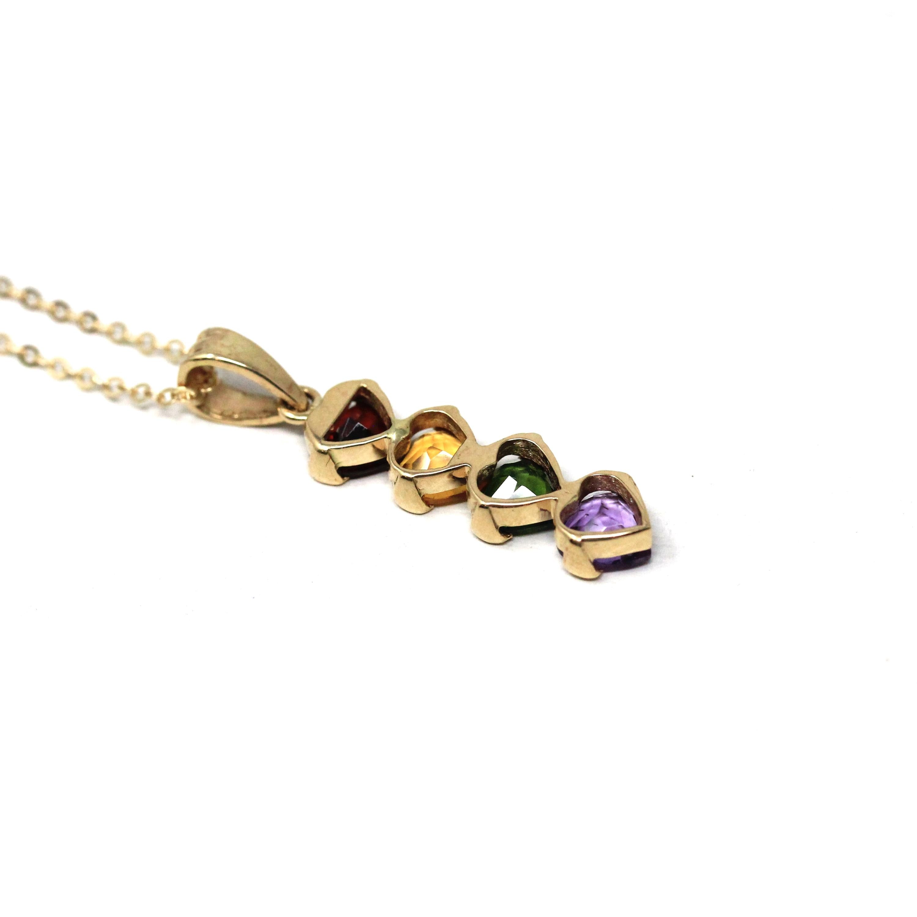 Gemstone Hearts Necklace - Estate 14k Yellow Gold Rainbow Birthstones - Circa 2000's Era Garnet Citrine Tourmaline Amethyst Fine Y2K Jewelry