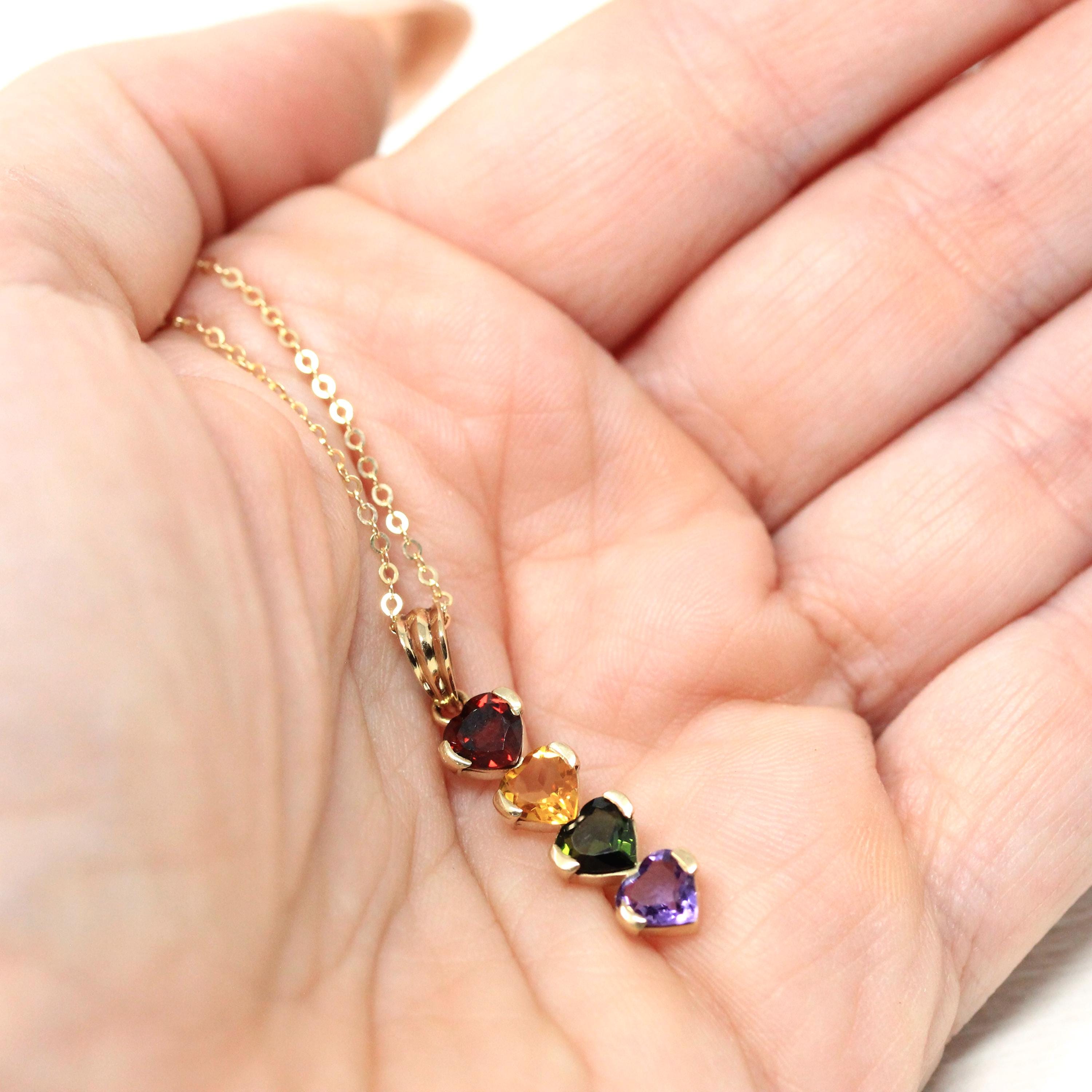 Gemstone Hearts Necklace - Estate 14k Yellow Gold Rainbow Birthstones - Circa 2000's Era Garnet Citrine Tourmaline Amethyst Fine Y2K Jewelry