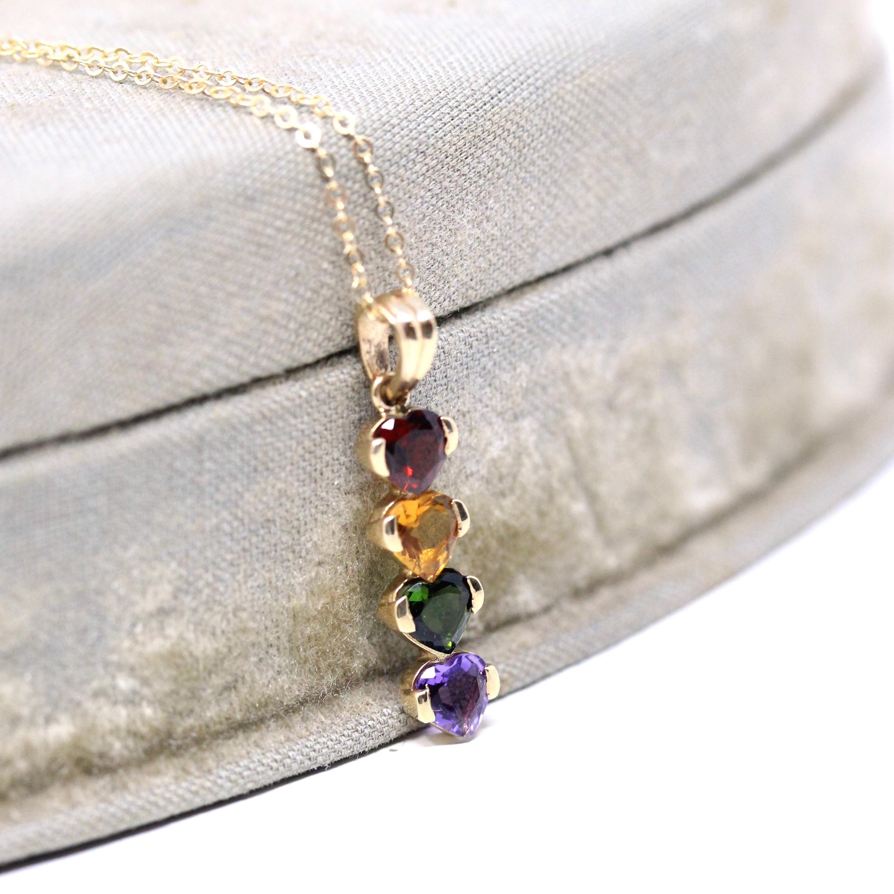 Gemstone Hearts Necklace - Estate 14k Yellow Gold Rainbow Birthstones - Circa 2000's Era Garnet Citrine Tourmaline Amethyst Fine Y2K Jewelry