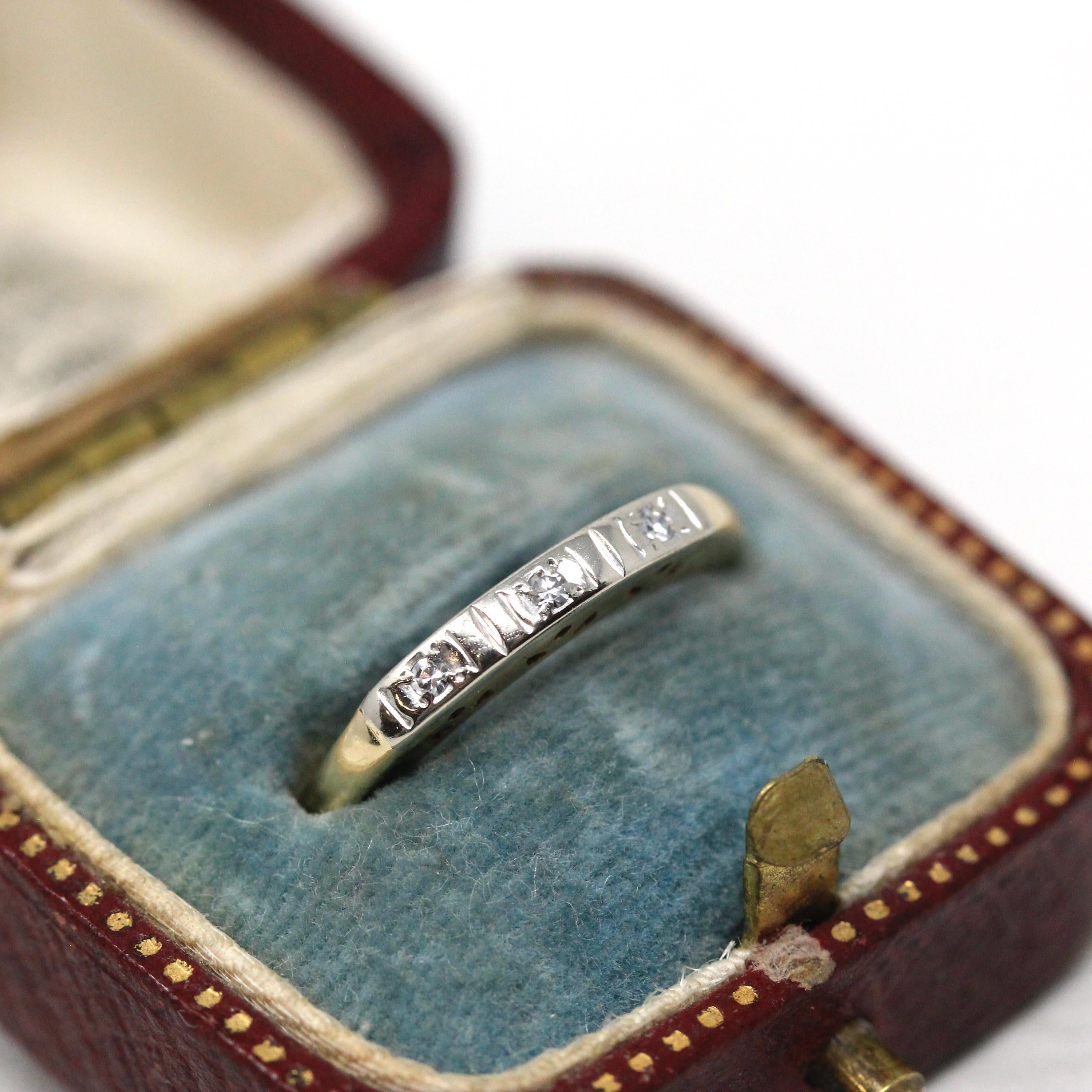 Vintage Wedding Band - Retro Era 14k Yellow & White Gold Natural .03 CTW Diamonds - Circa 1940s Size 5 1/4 Fine Two Tone Bridal Band Jewelry