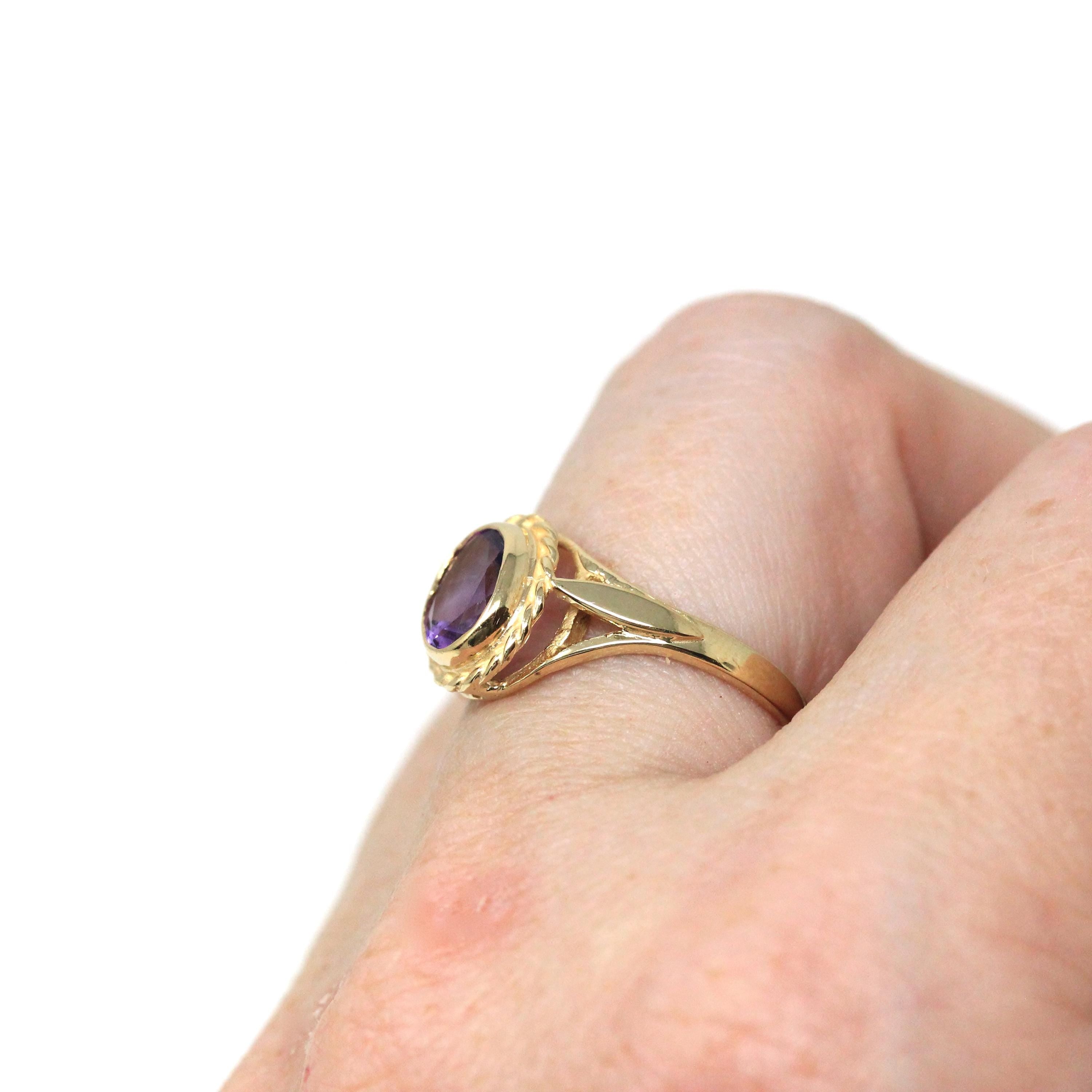 Estate Amethyst Ring - Modern Era 9k Yellow Gold English Oval Purple Natural Gem - Circa 2000s Size 6 1/2 Fine February Birthstone Jewelry