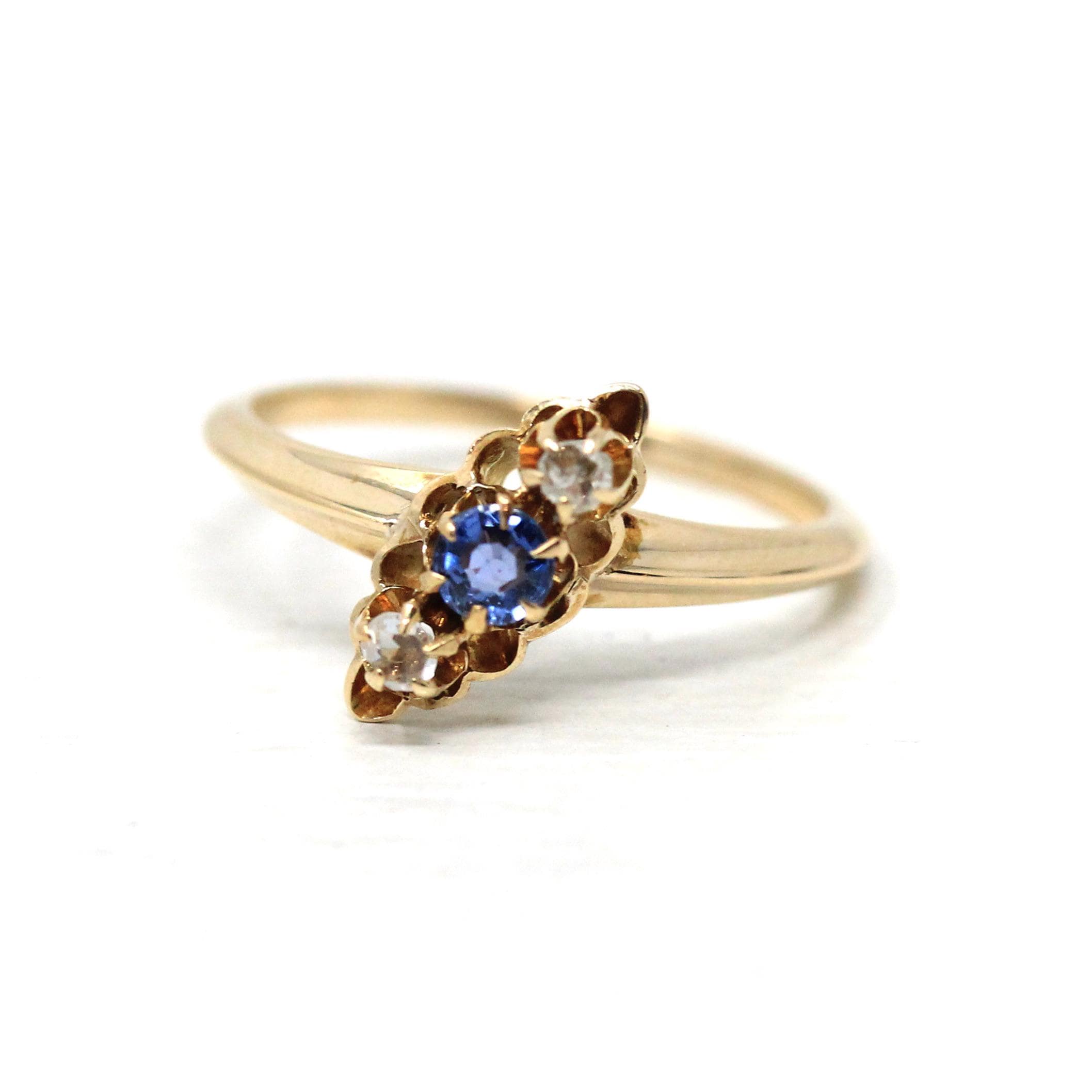 Antique Bypass Ring - Edwardian Era 14k Yellow Gold Natural Rose Cut Diamonds and Blue Sapphire Gemstones - Size 6 Circa 1910s Fine Jewelry