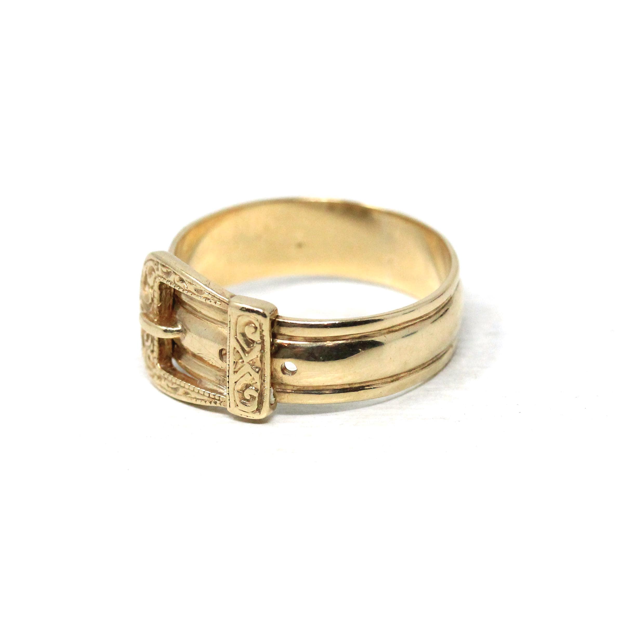 English Buckle Ring - Estate 9k Yellow Gold Birmingham England Figural Belt Band - Vintage Hallmarked Victorian Style Size 10 Fine Jewelry