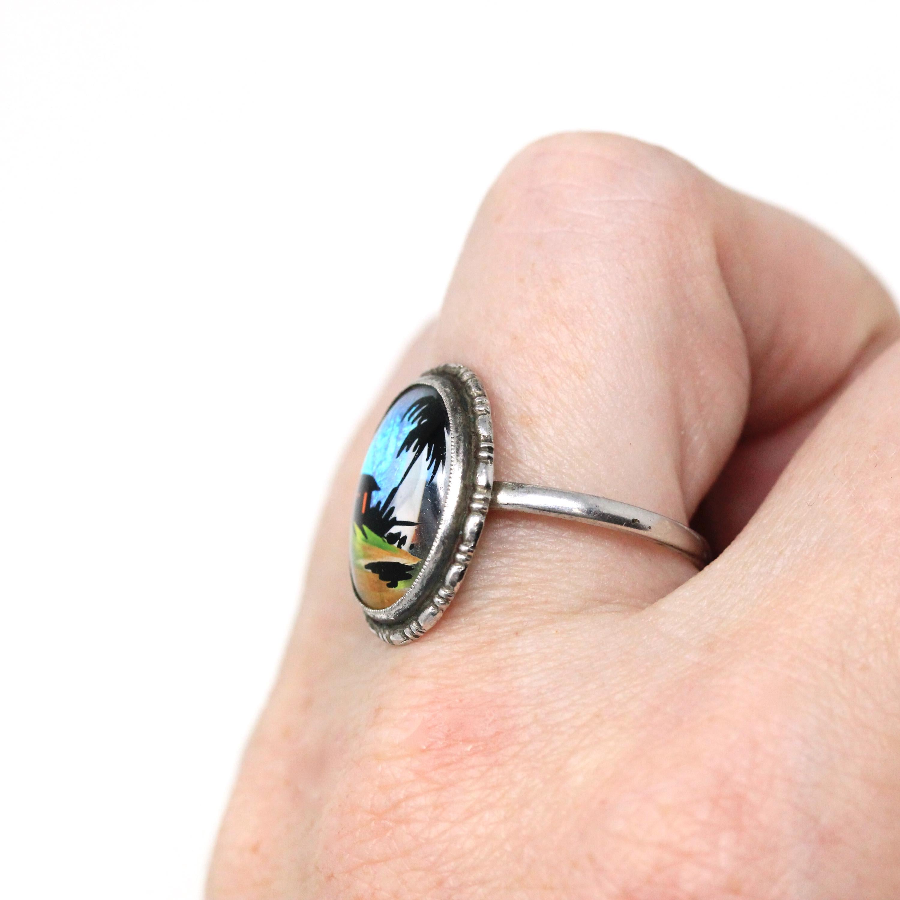 Morpho Butterfly Wing Ring - Vintage English Sterling Silver Blue Wing - Size 9 1/2 Retro Era 1940s Tropical Souvenir London England Jewelry
