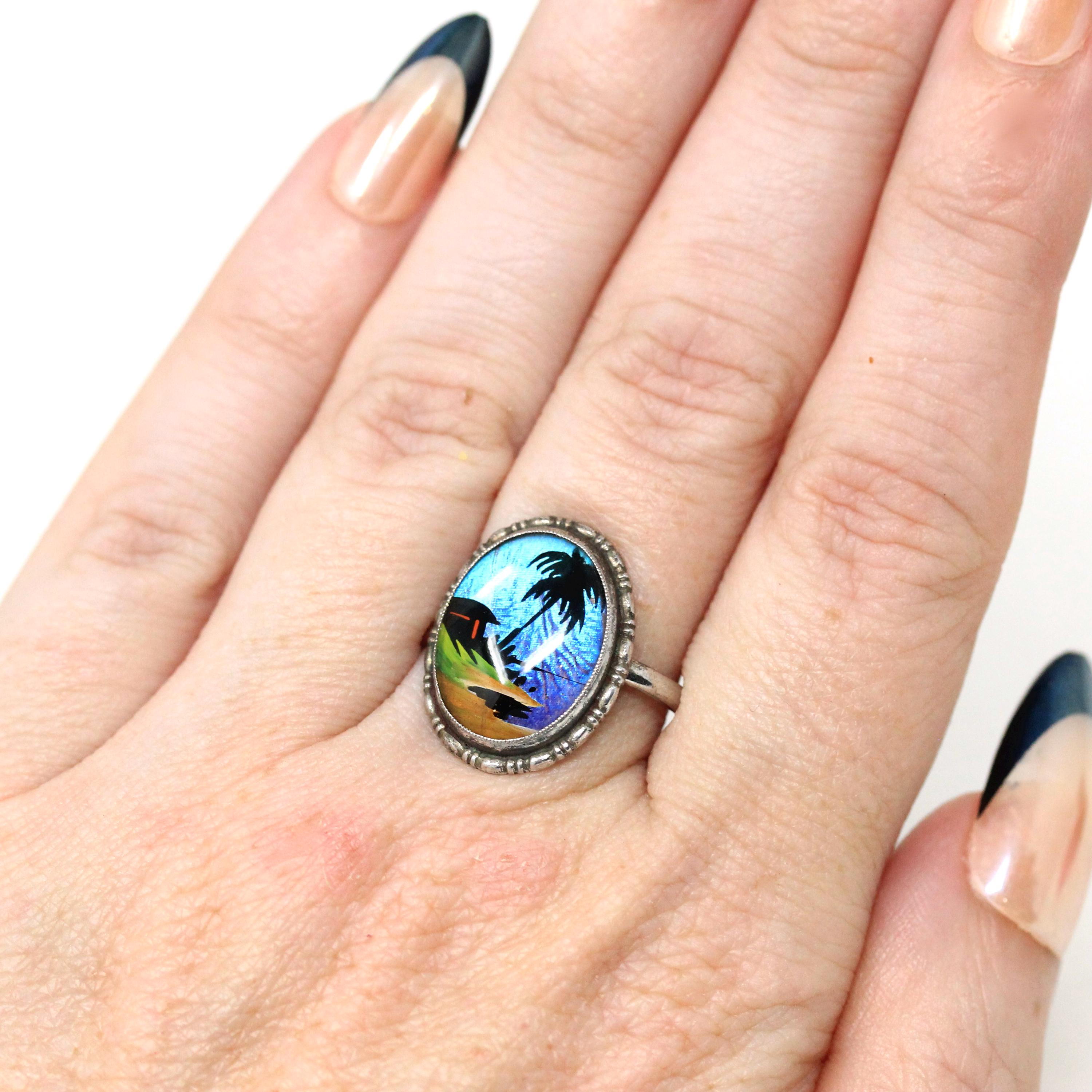 Morpho Butterfly Wing Ring - Vintage English Sterling Silver Blue Wing - Size 9 1/2 Retro Era 1940s Tropical Souvenir London England Jewelry