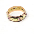 Retro Created Ruby Band - Vintage Yellow & Rose Gold Round Natural Red Corundum Ring - Circa 1960s Cigar Bezel Gem Stacking Fine Jewelry