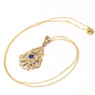 Created Sapphire Pendant - Retro 10k Yellow Gold Round Blue Gem Lavalier Necklace - Circa 1940s Fine September Birthstone Flower Jewelry