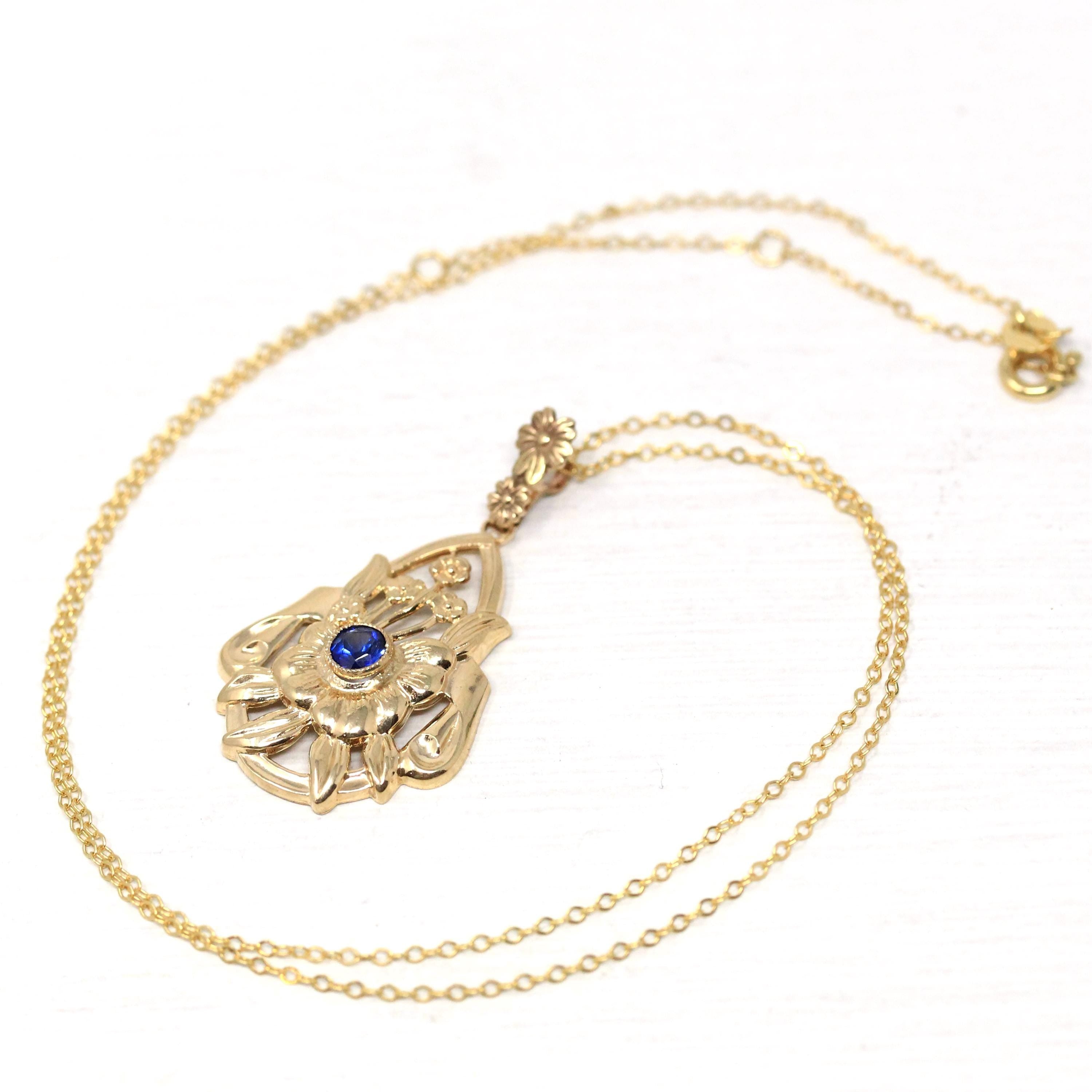 Created Sapphire Pendant - Retro 10k Yellow Gold Round Blue Gem Lavalier Necklace - Circa 1940s Fine September Birthstone Flower Jewelry