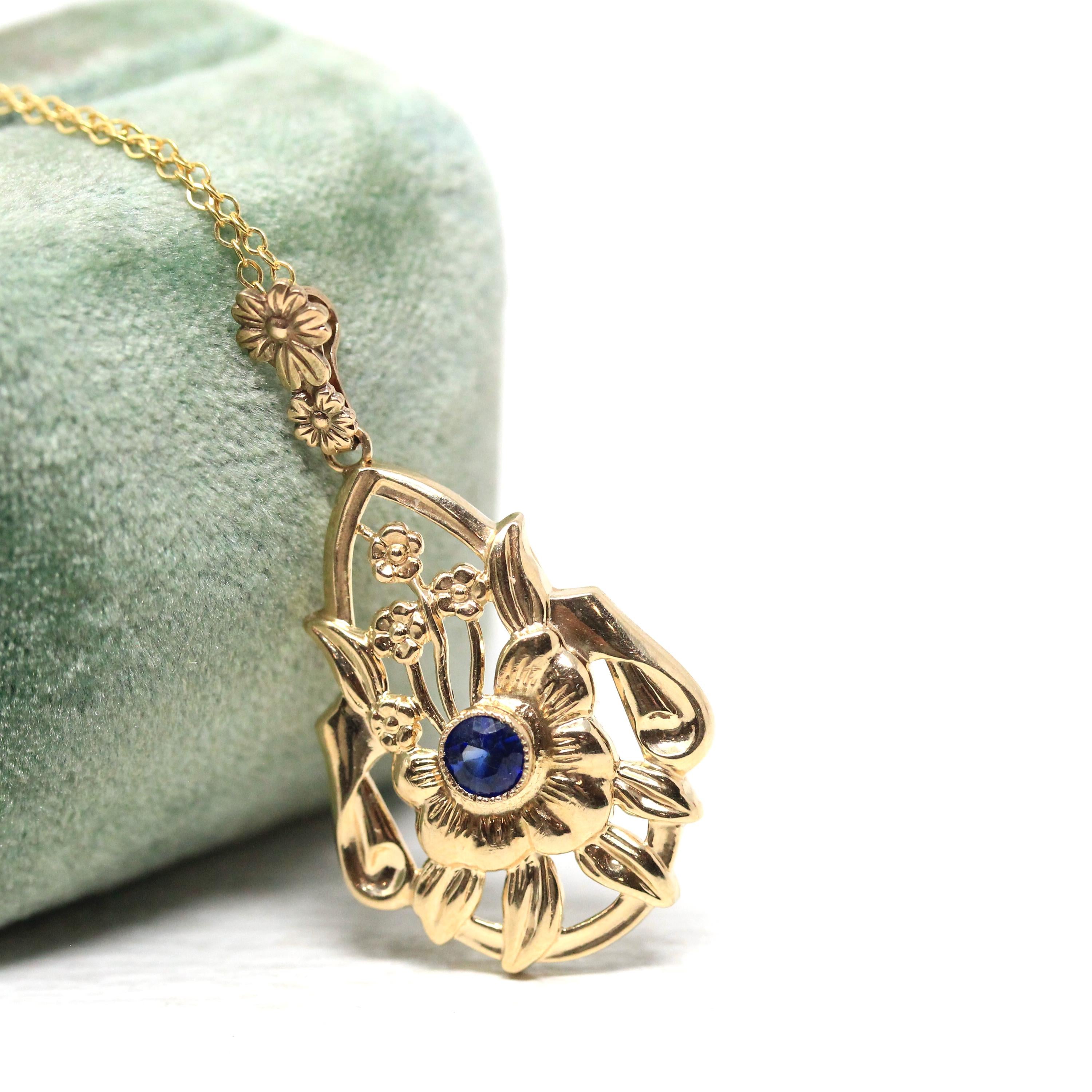 Created Sapphire Pendant - Retro 10k Yellow Gold Round Blue Gem Lavalier Necklace - Circa 1940s Fine September Birthstone Flower Jewelry