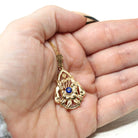 Created Sapphire Pendant - Retro 10k Yellow Gold Round Blue Gem Lavalier Necklace - Circa 1940s Fine September Birthstone Flower Jewelry