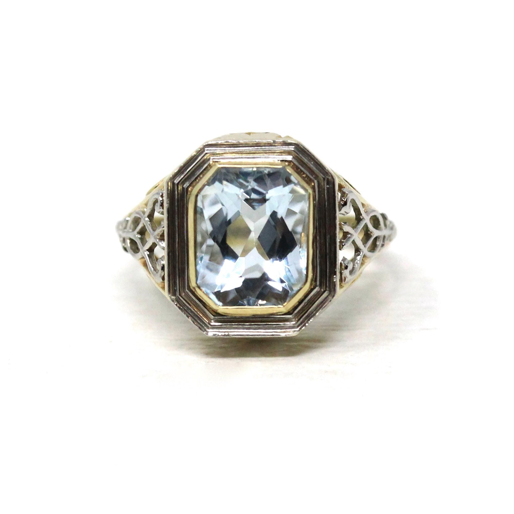Antique Aquamarine Ring - Art Deco Era 14k Yellow & White Gold Emerald Cut 2.65 CT Blue Gem - Circa 1920s Size 4 Filigree Fine March Jewelry