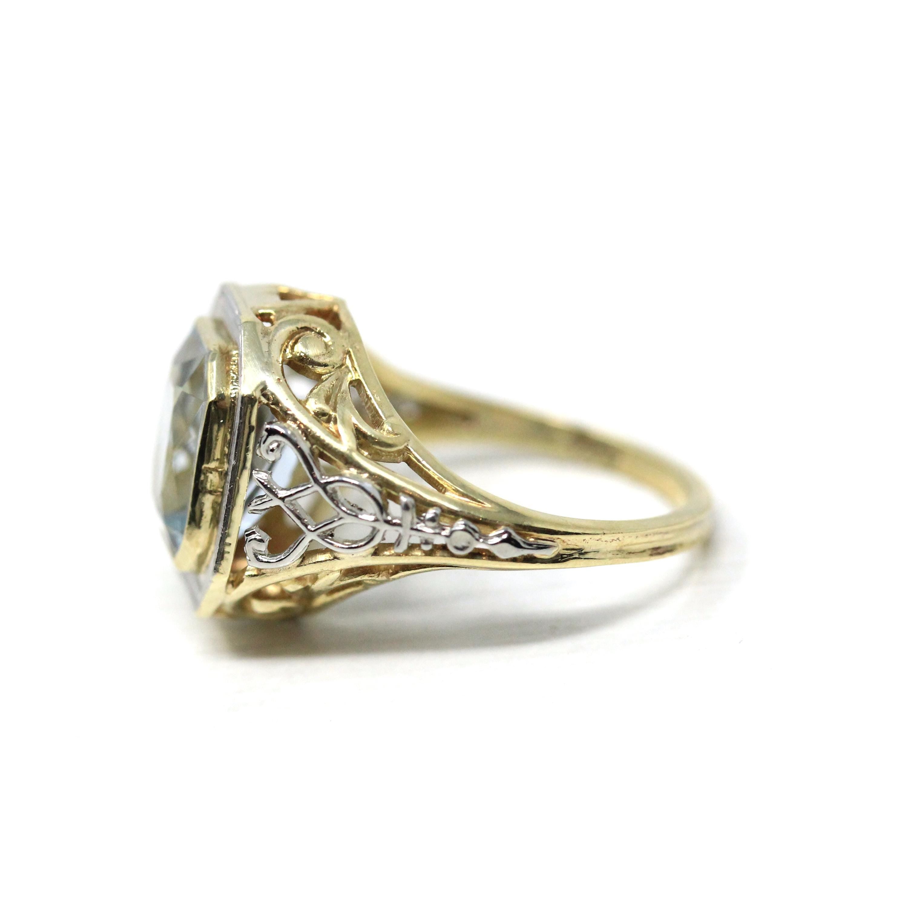 Antique Aquamarine Ring - Art Deco Era 14k Yellow & White Gold Emerald Cut 2.65 CT Blue Gem - Circa 1920s Size 4 Filigree Fine March Jewelry