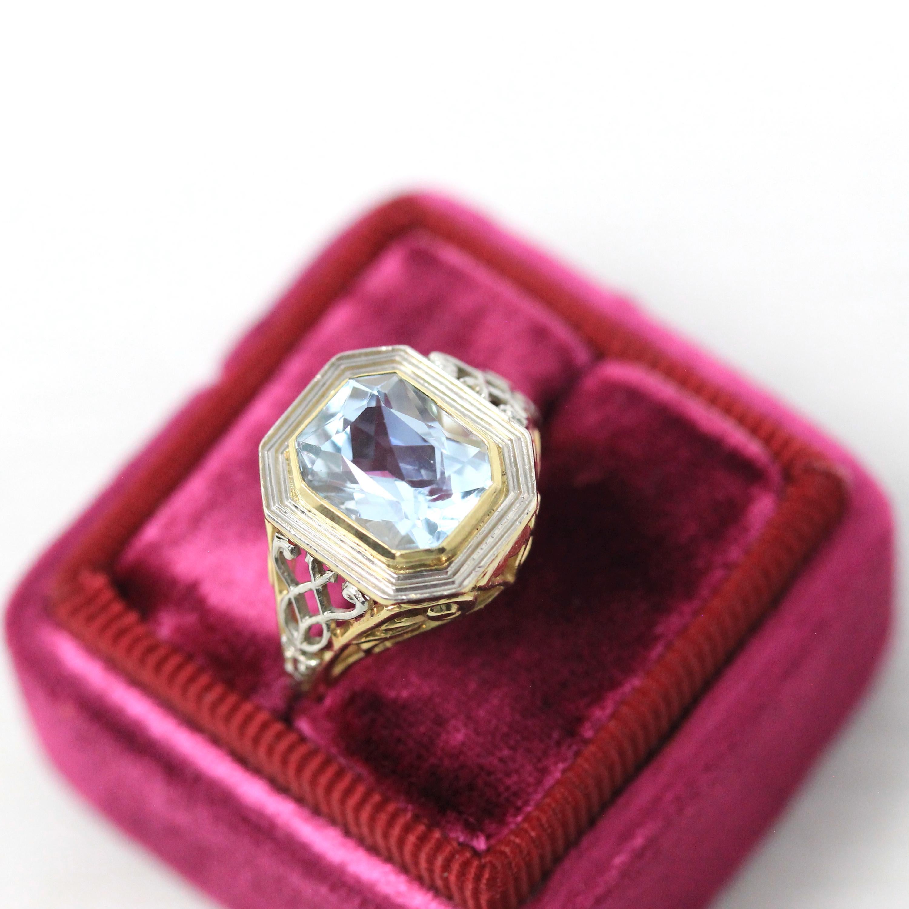 Antique Aquamarine Ring - Art Deco Era 14k Yellow & White Gold Emerald Cut 2.65 CT Blue Gem - Circa 1920s Size 4 Filigree Fine March Jewelry