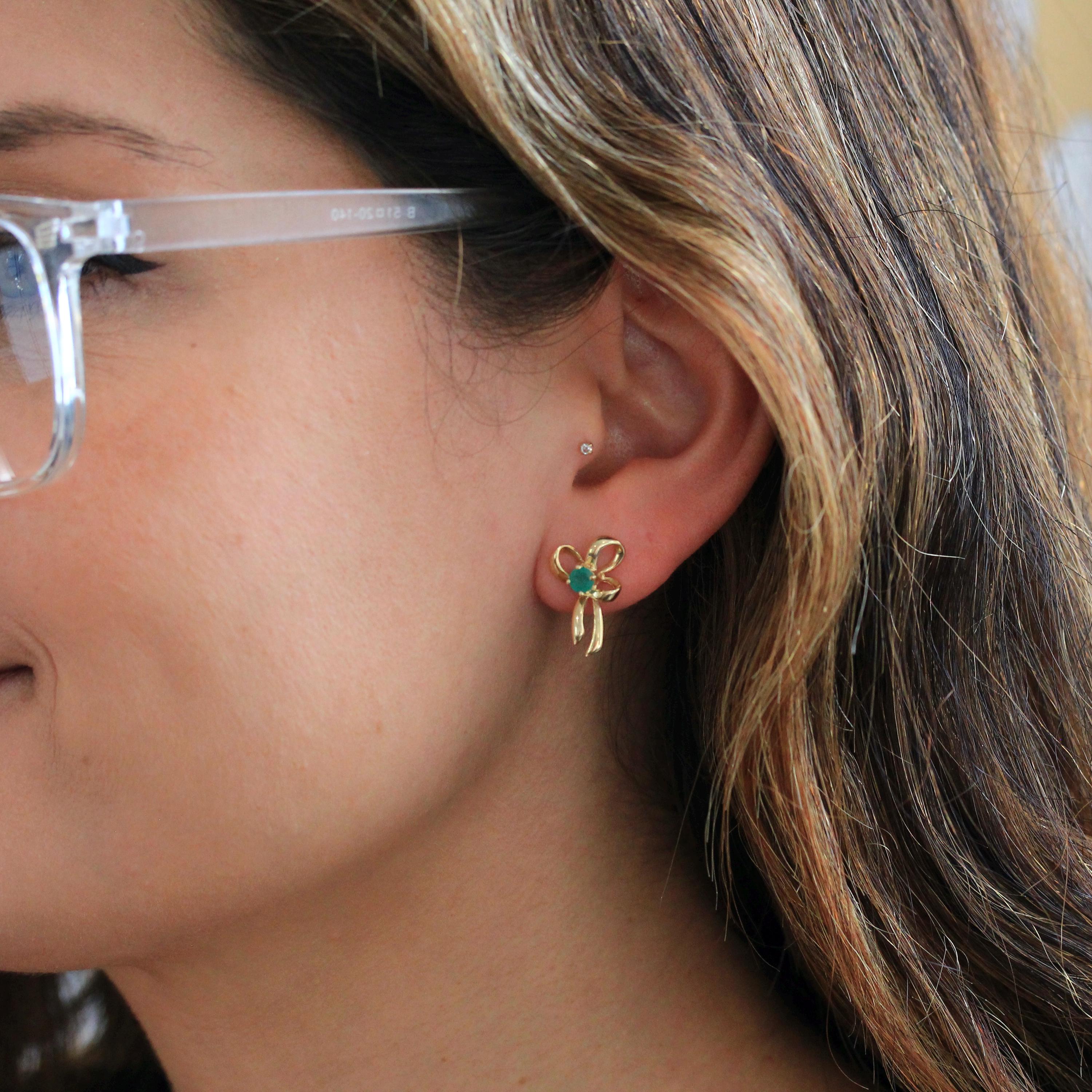 Emerald Bow Earrings - Vintage 14k Yellow Gold Round Faceted .43 CTW Natural Green Gemstone Studs - Estate 90's May Birthstone Fine Jewelry