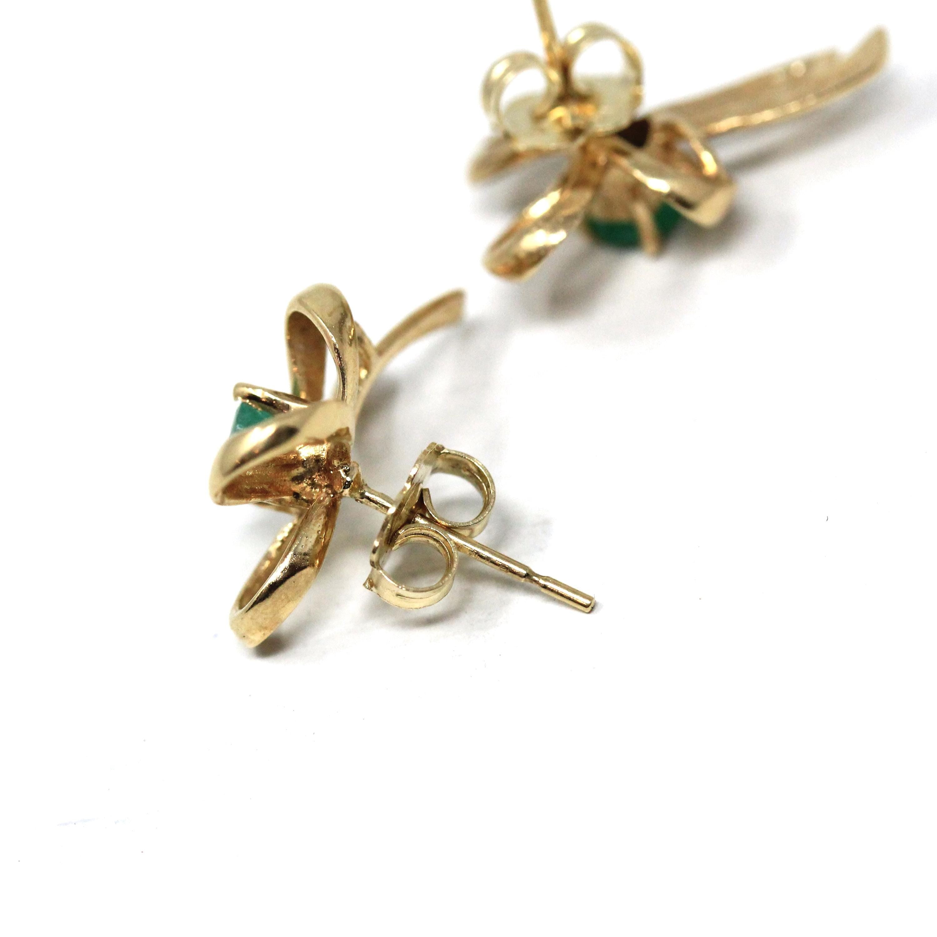 Emerald Bow Earrings - Vintage 14k Yellow Gold Round Faceted .43 CTW Natural Green Gemstone Studs - Estate 90's May Birthstone Fine Jewelry