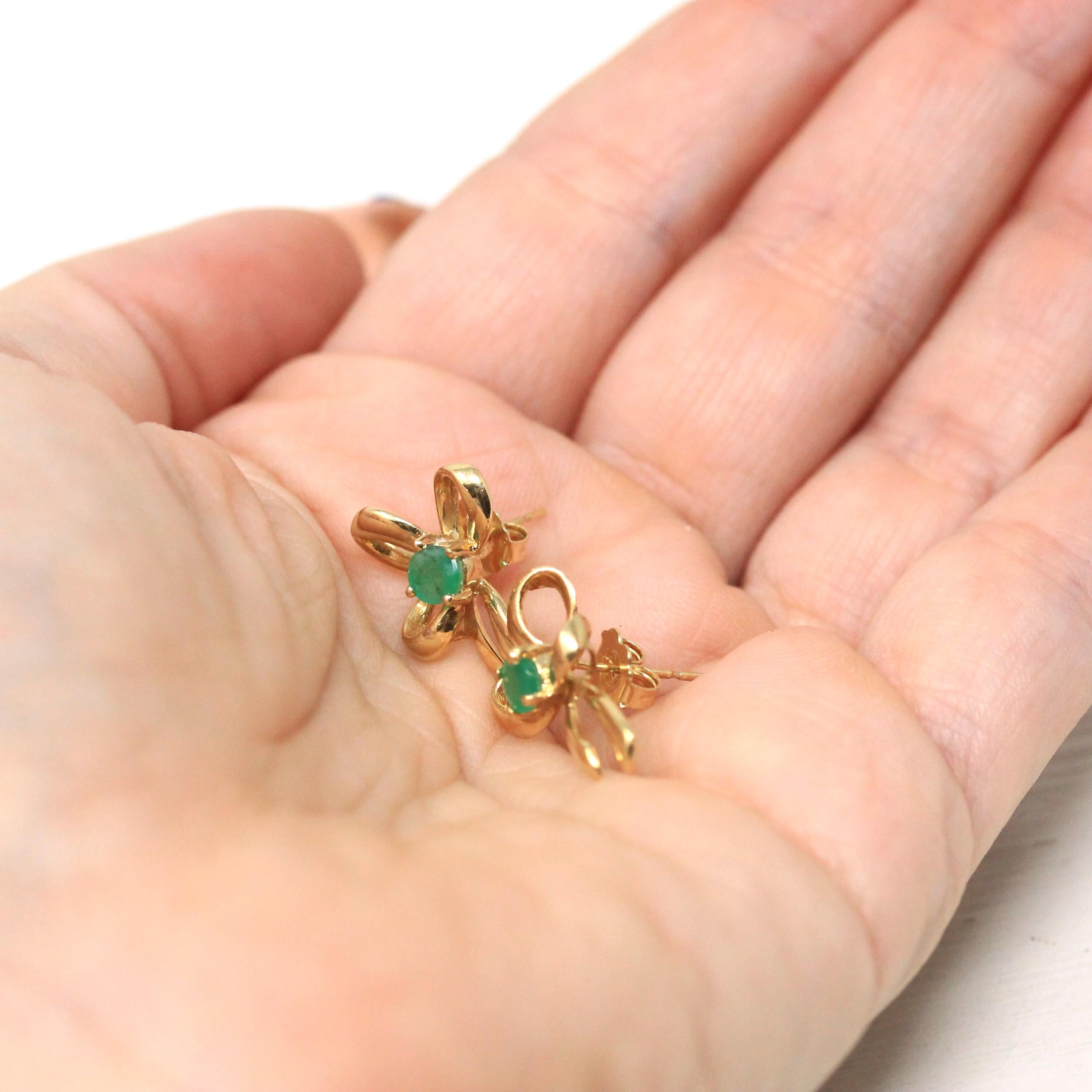 Emerald Bow Earrings - Vintage 14k Yellow Gold Round Faceted .43 CTW Natural Green Gemstone Studs - Estate 90's May Birthstone Fine Jewelry
