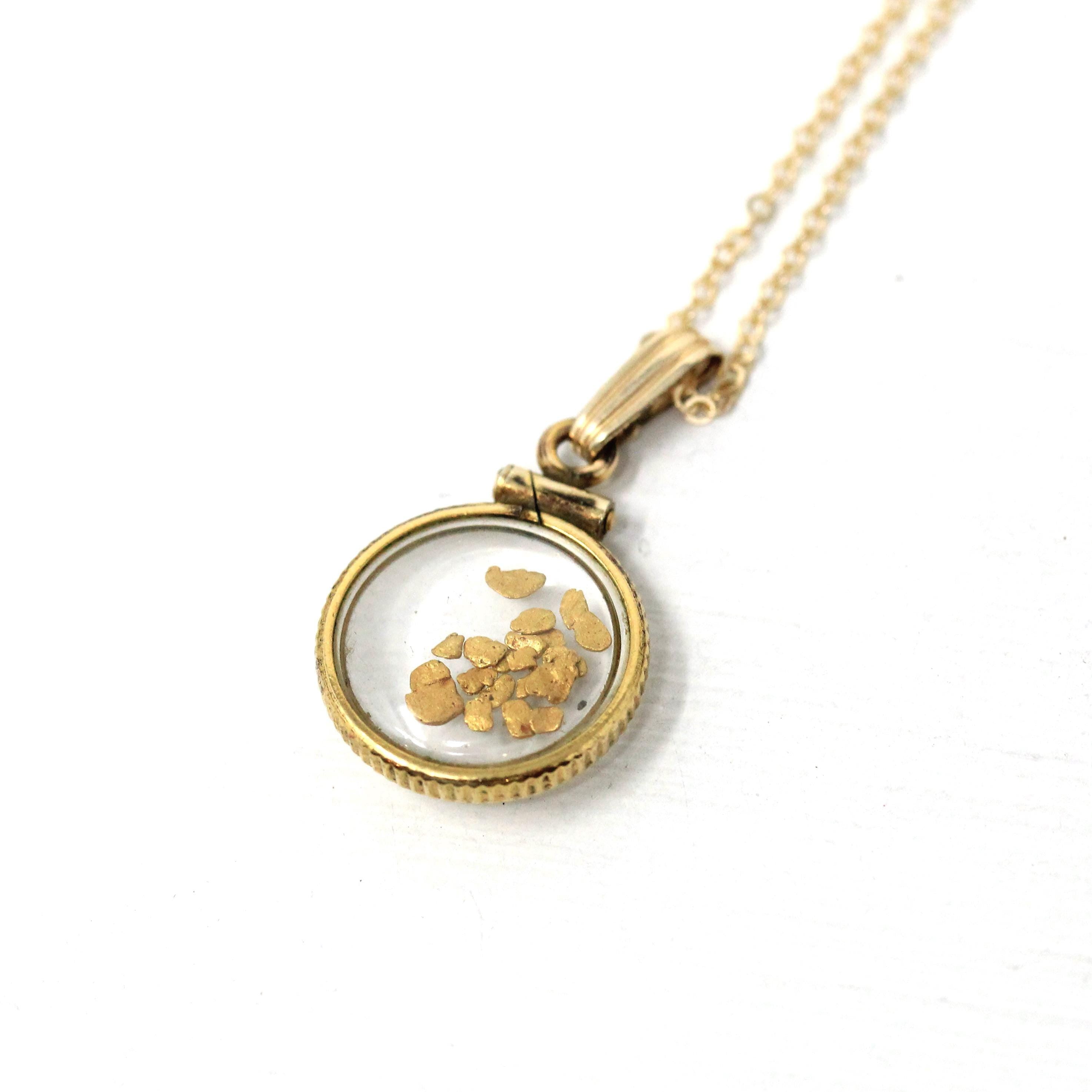 Gold Nugget Necklace - Estate Gold Filled Shaker Fob Charm Souvenir Pendant - Modern Circa 1980s Alaskan Gold Rush Flakes Souvenir Jewelry