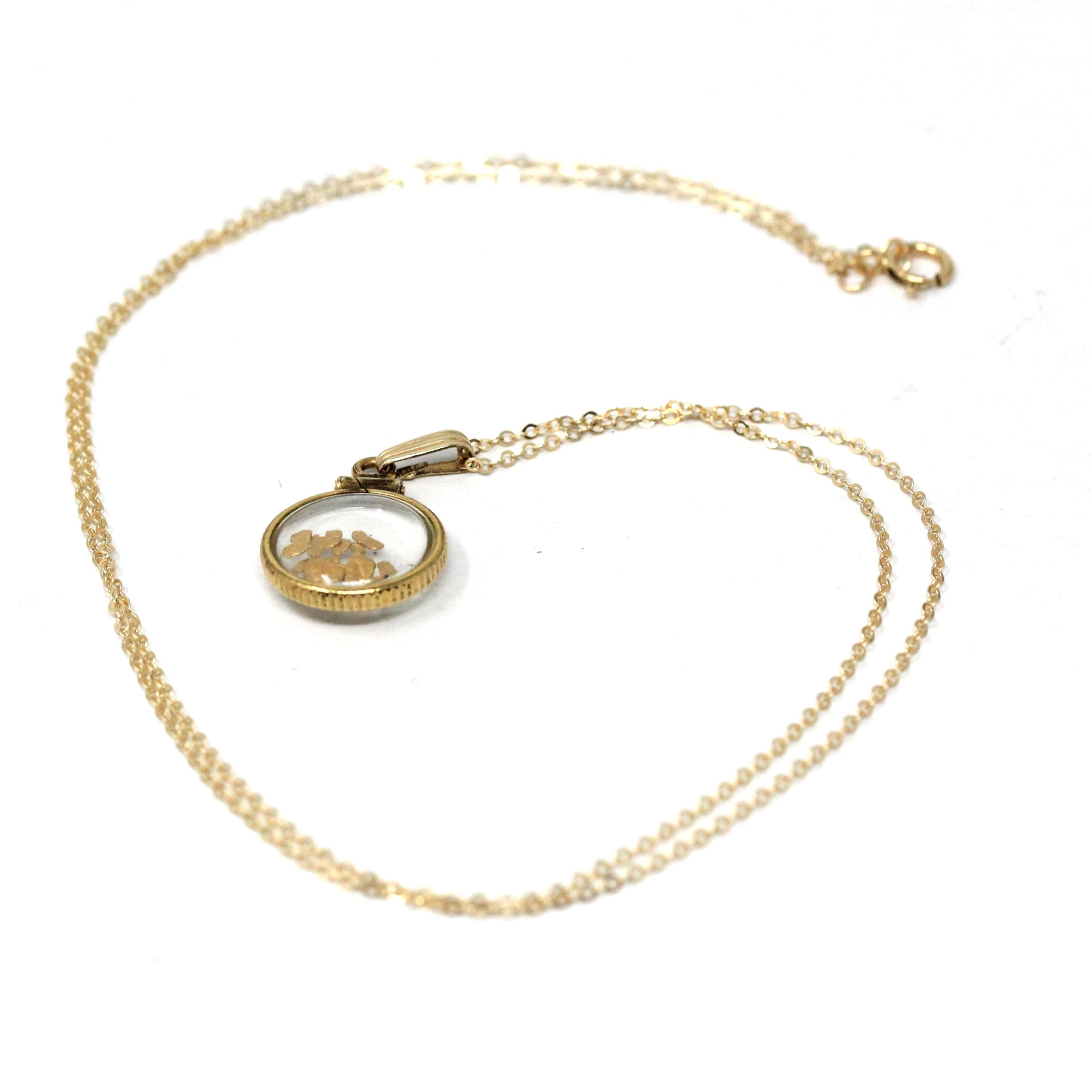 Gold Nugget Necklace - Estate Gold Filled Shaker Fob Charm Souvenir Pendant - Modern Circa 1980s Alaskan Gold Rush Flakes Souvenir Jewelry