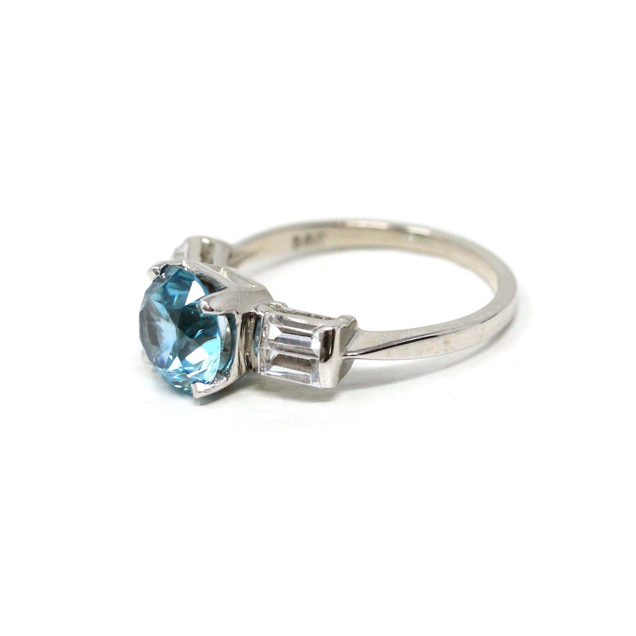 Vintage Blue Zircon Ring - Mid-century 14k White Gold Created White Spinel Gems - Circa 1950s Size 6 1/2 Alternative Engagement Fine Jewelry