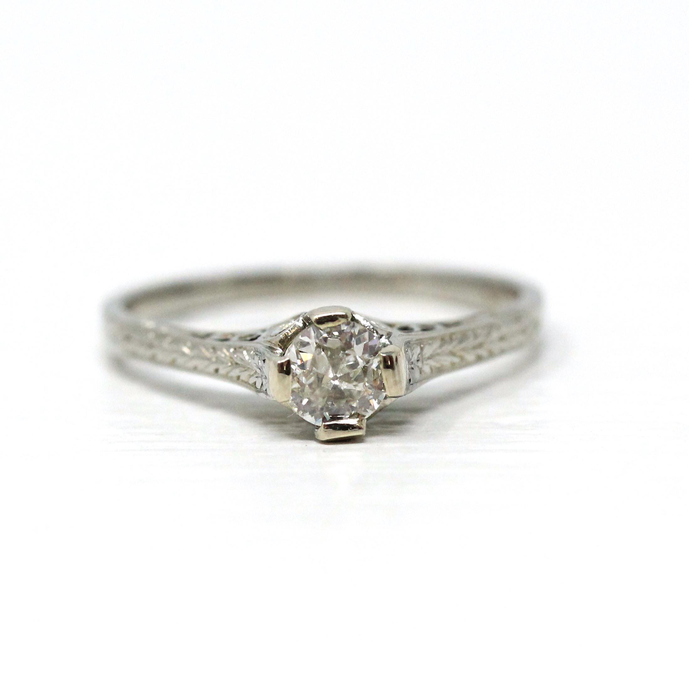 Vintage Diamond Ring - Art Deco 18k White Gold Natural Gemstone Basket Cathedral Solitaire - Circa 1930s Size 6 1/2 Filigree Fine Jewelry