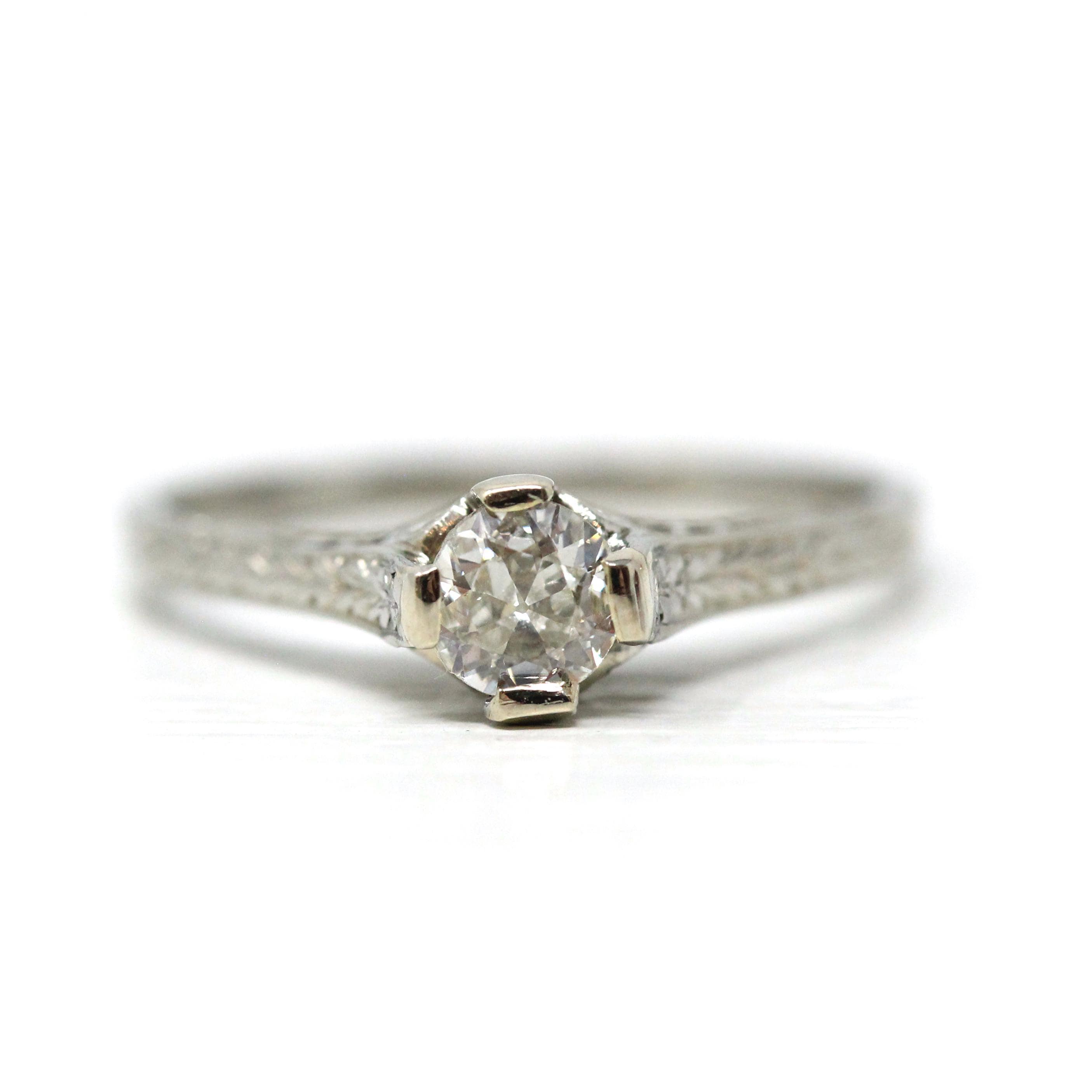 Vintage Diamond Ring - Art Deco 18k White Gold Natural Gemstone Basket Cathedral Solitaire - Circa 1930s Size 6 1/2 Filigree Fine Jewelry