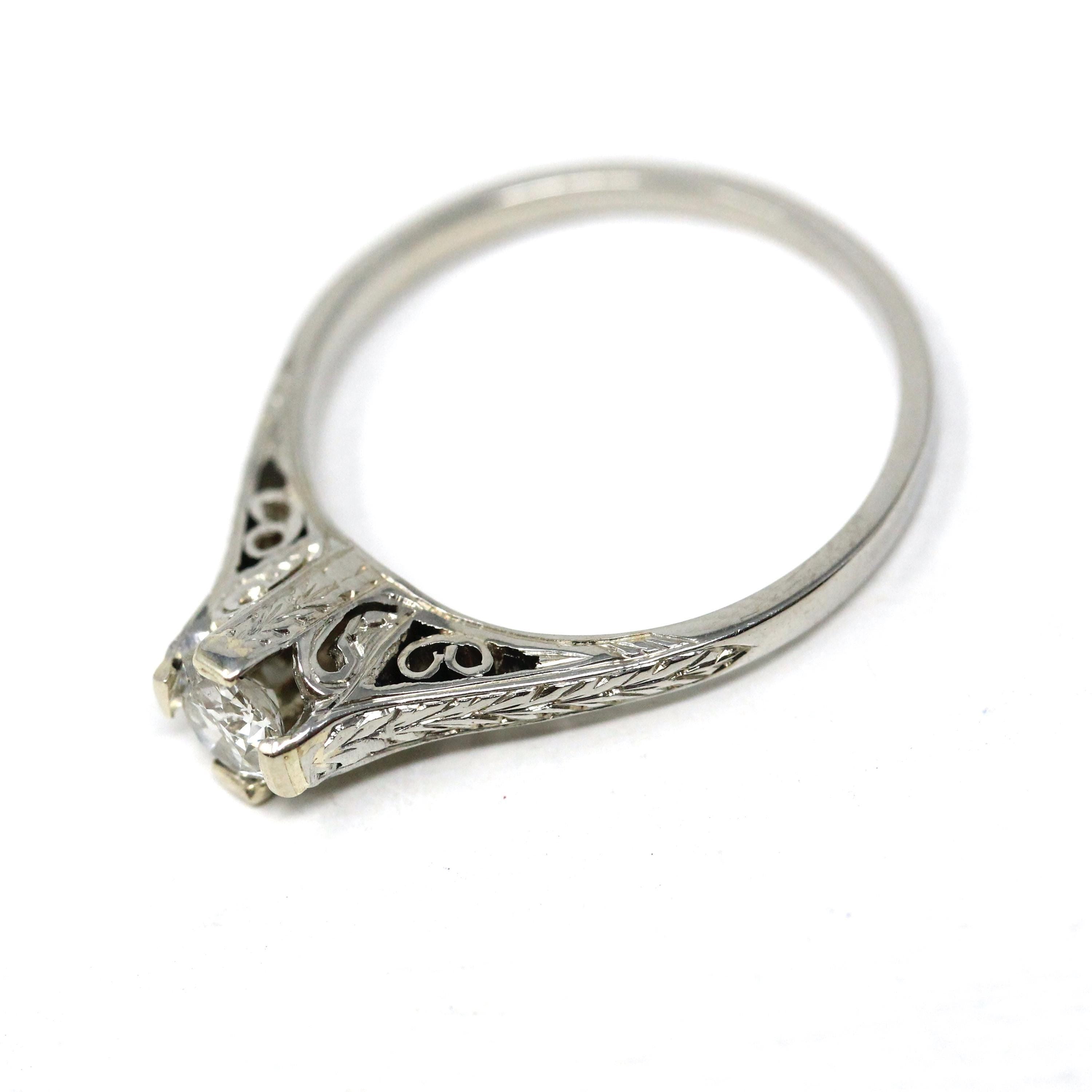 Vintage Diamond Ring - Art Deco 18k White Gold Natural Gemstone Basket Cathedral Solitaire - Circa 1930s Size 6 1/2 Filigree Fine Jewelry