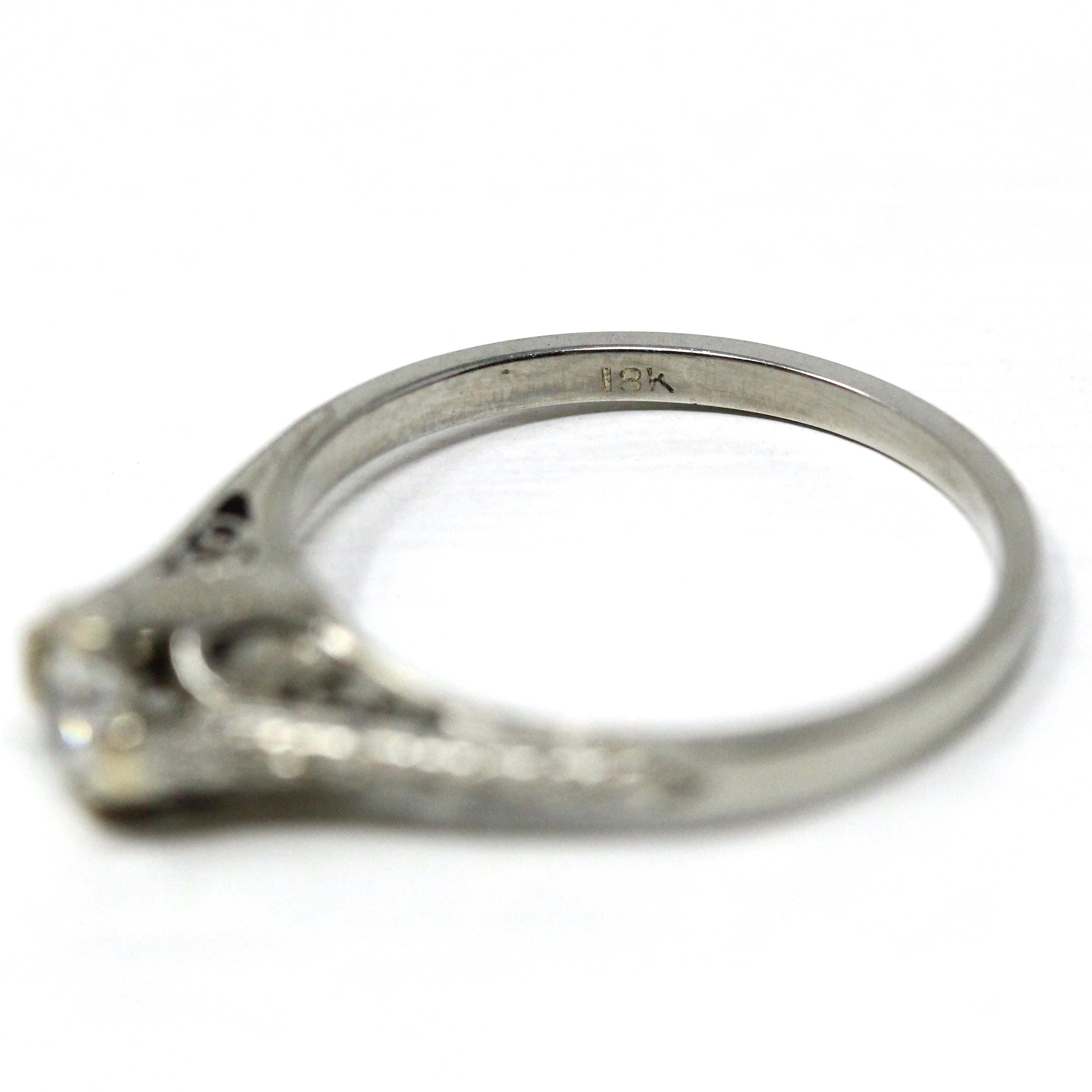 Vintage Diamond Ring - Art Deco 18k White Gold Natural Gemstone Basket Cathedral Solitaire - Circa 1930s Size 6 1/2 Filigree Fine Jewelry