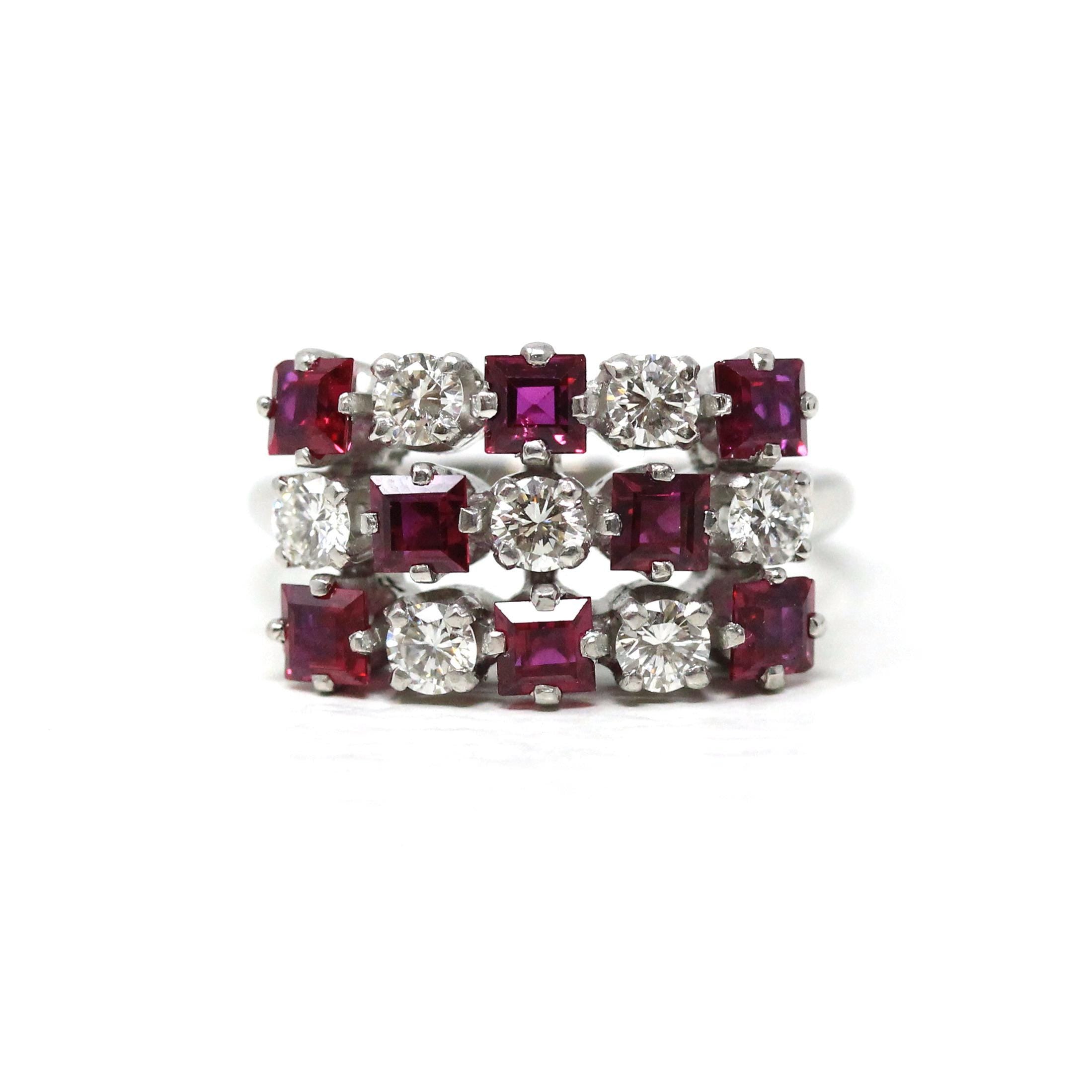 Ruby & Diamond Cluster Ring - Estate Platinum Natural Checkerboard Gemstones - Modern Size 5 1/2 July Birthstone Fine Anniversary Jewelry