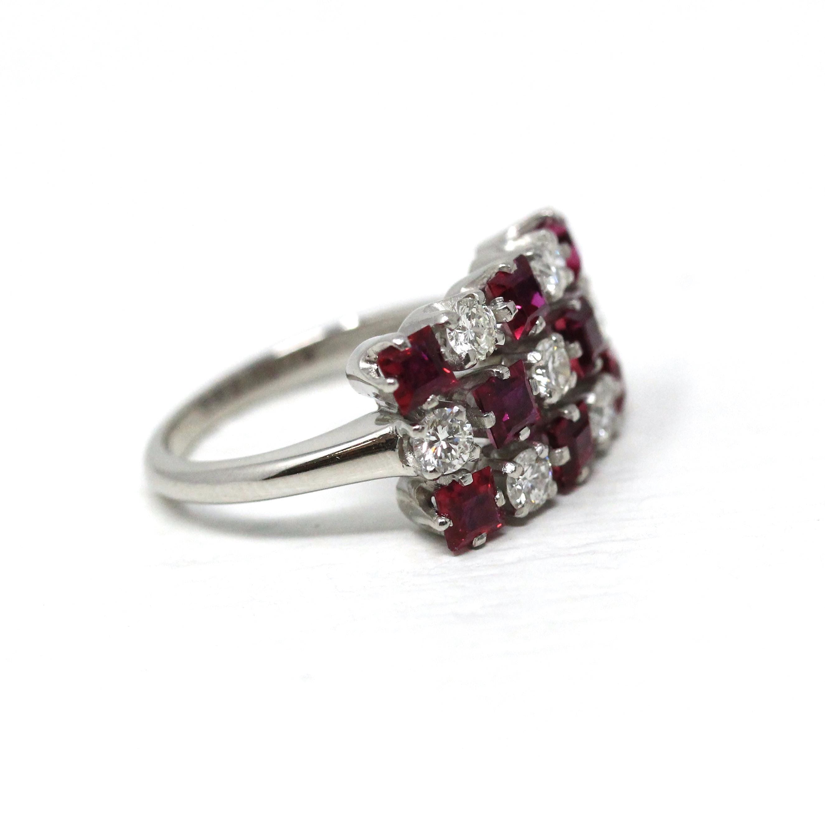 Ruby & Diamond Cluster Ring - Estate Platinum Natural Checkerboard Gemstones - Modern Size 5 1/2 July Birthstone Fine Anniversary Jewelry
