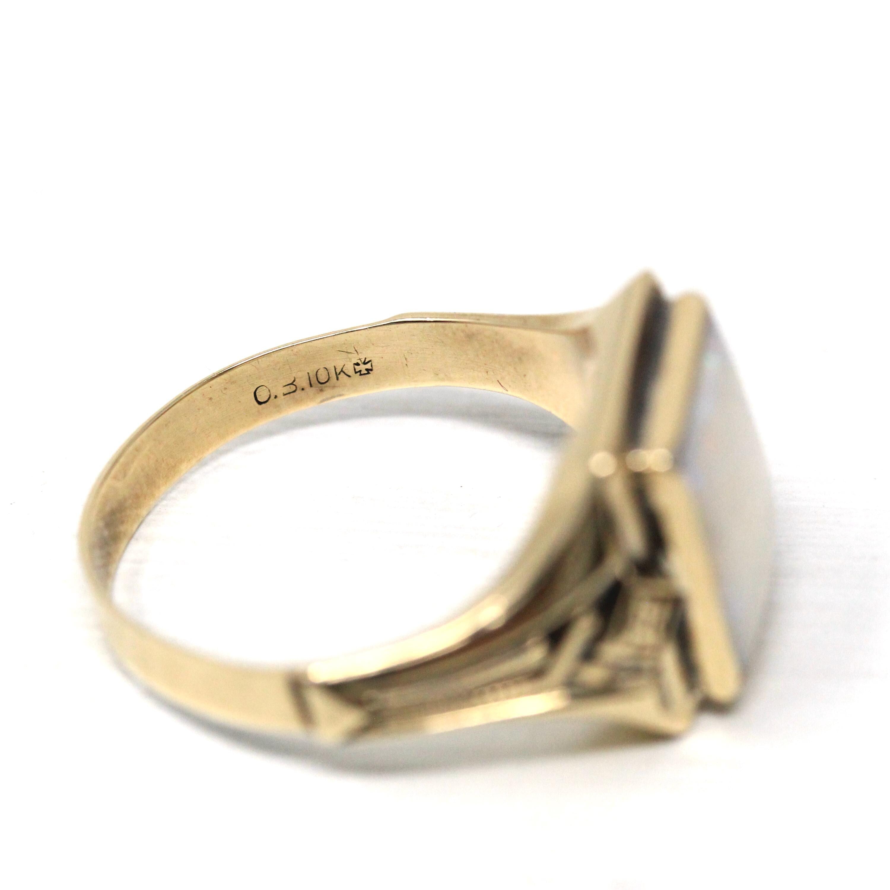 Retro Opal Ring - Vintage 10k Yellow Gold Natural Rectangular Cabochon Gemstone - Circa 1940s Size 12 Fine Unisex October Birthstone Jewelry