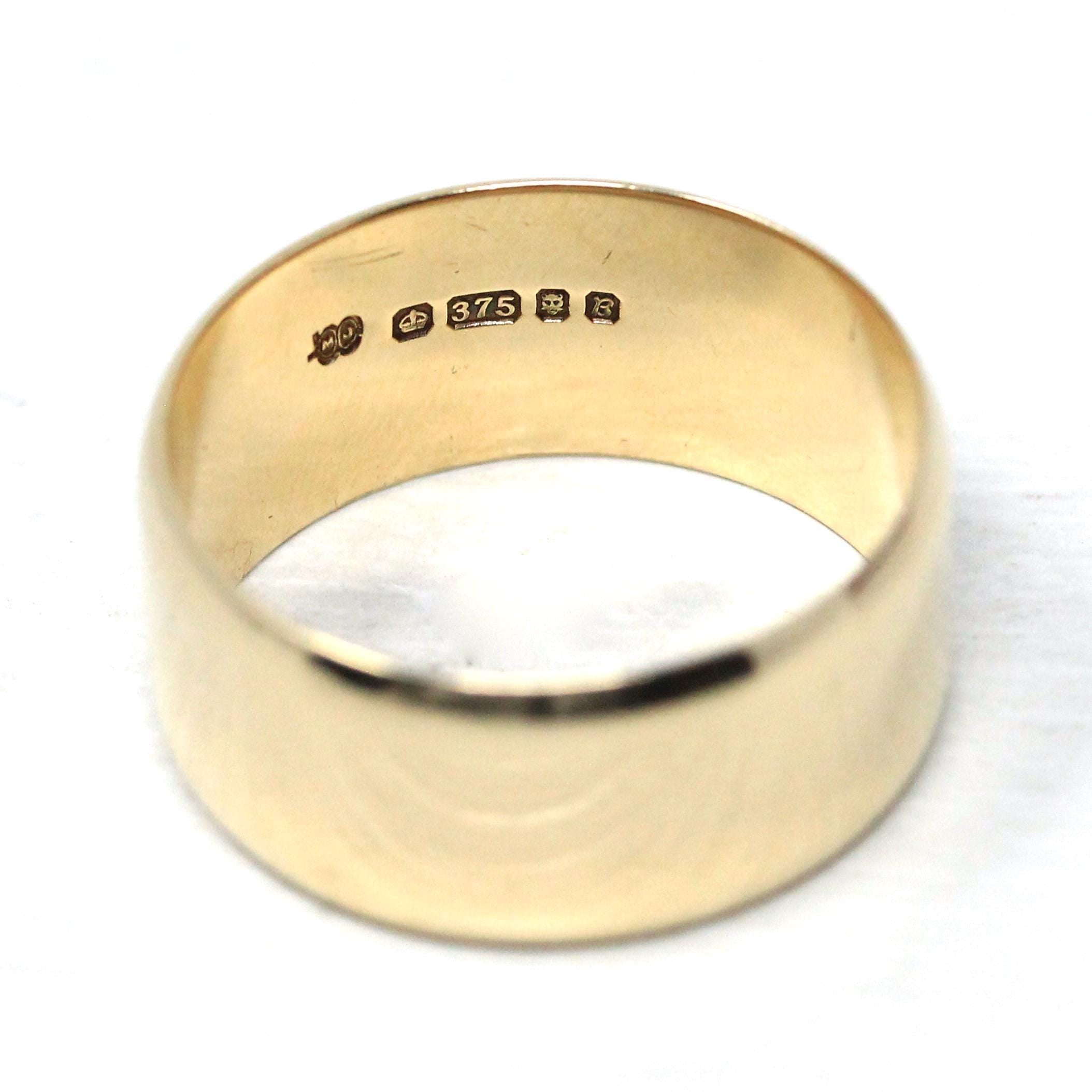 Retro Wide Ring Band - Vintage 9k Yellow Gold London England UK - Circa 1970s Era Size 9 3/4 English Hallmarks - Fine Statement 70s Jewelry