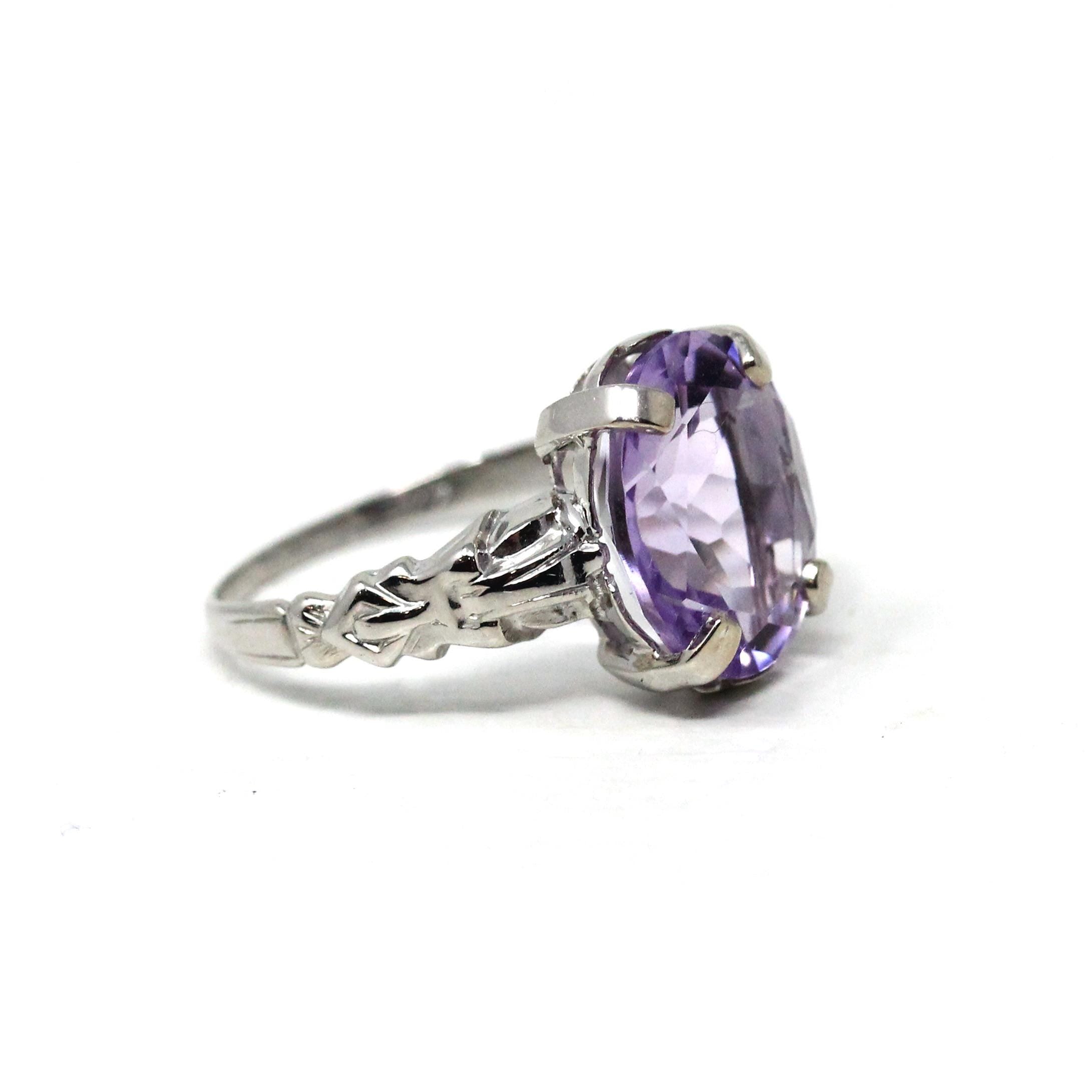 Art Deco Amethyst Ring - Vintage 14k White Gold Diamonds & Natural Purple Gemstone - Circa 1930s Size 6 1/2 February Birthstone Fine Jewelry
