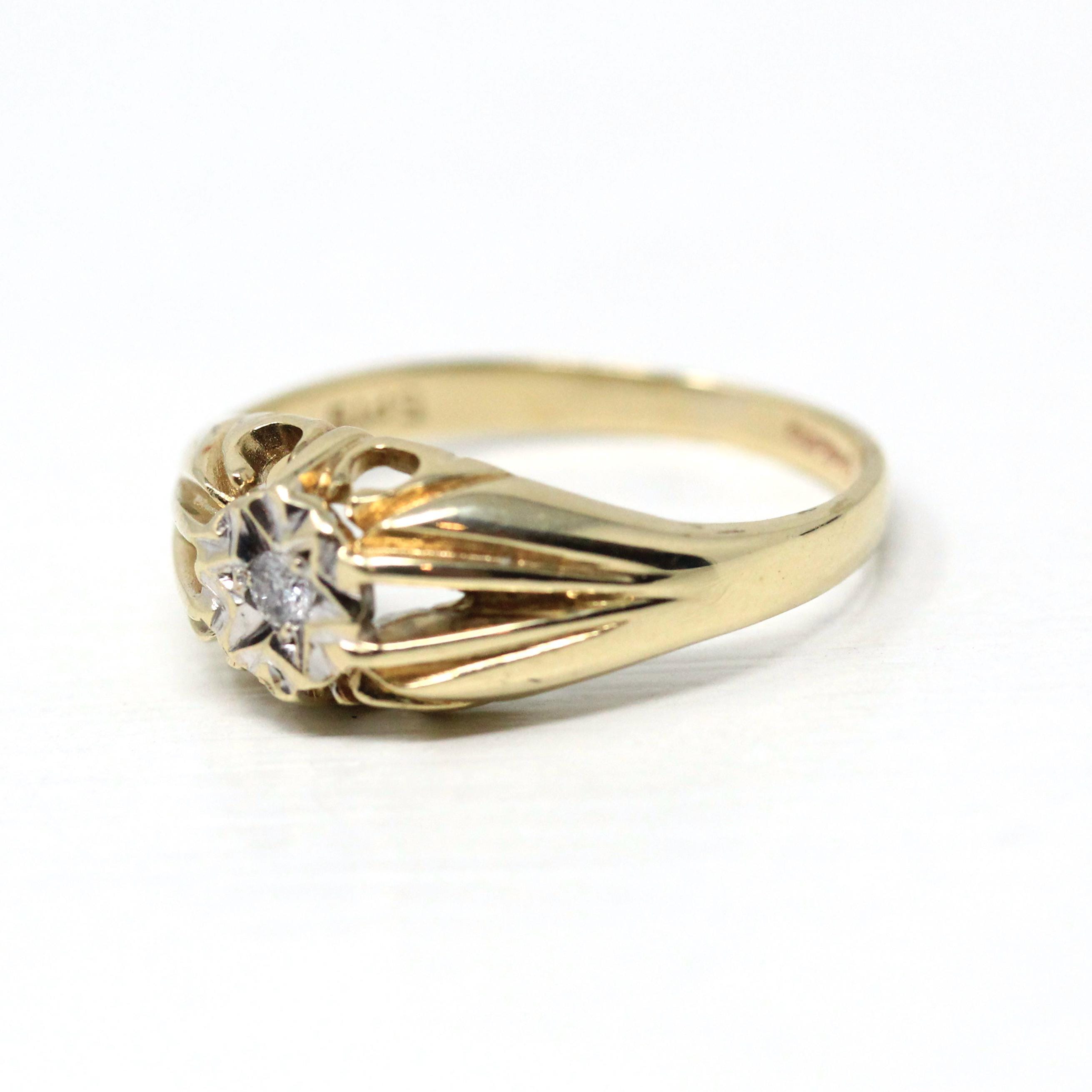 Star Diamond Ring - Modern Estate 9k Yellow Gold Natural .05 CT Gemstone Ring - Vintage Circa 1990s Size 8 Celestial Fine Bridal Jewelry