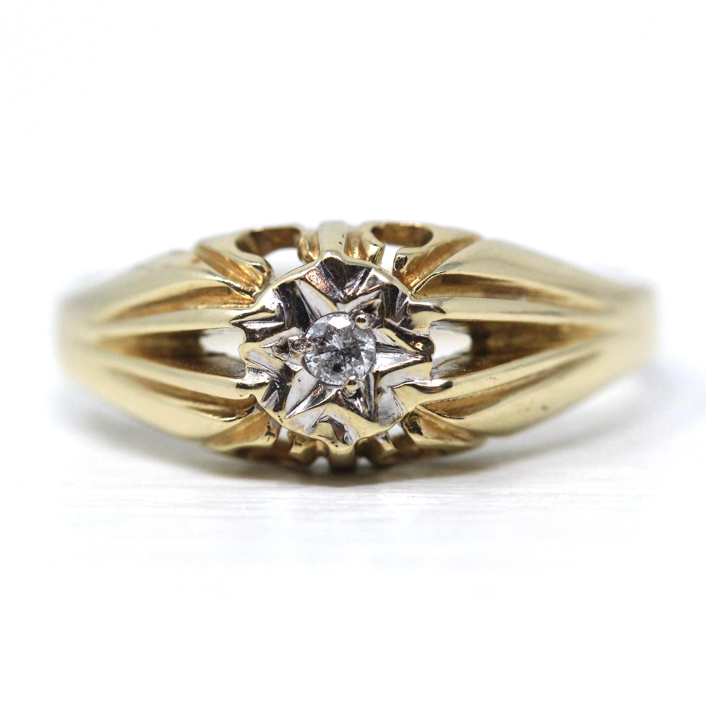 Star Diamond Ring - Modern Estate 9k Yellow Gold Natural .05 CT Gemstone Ring - Vintage Circa 1990s Size 8 Celestial Fine Bridal Jewelry