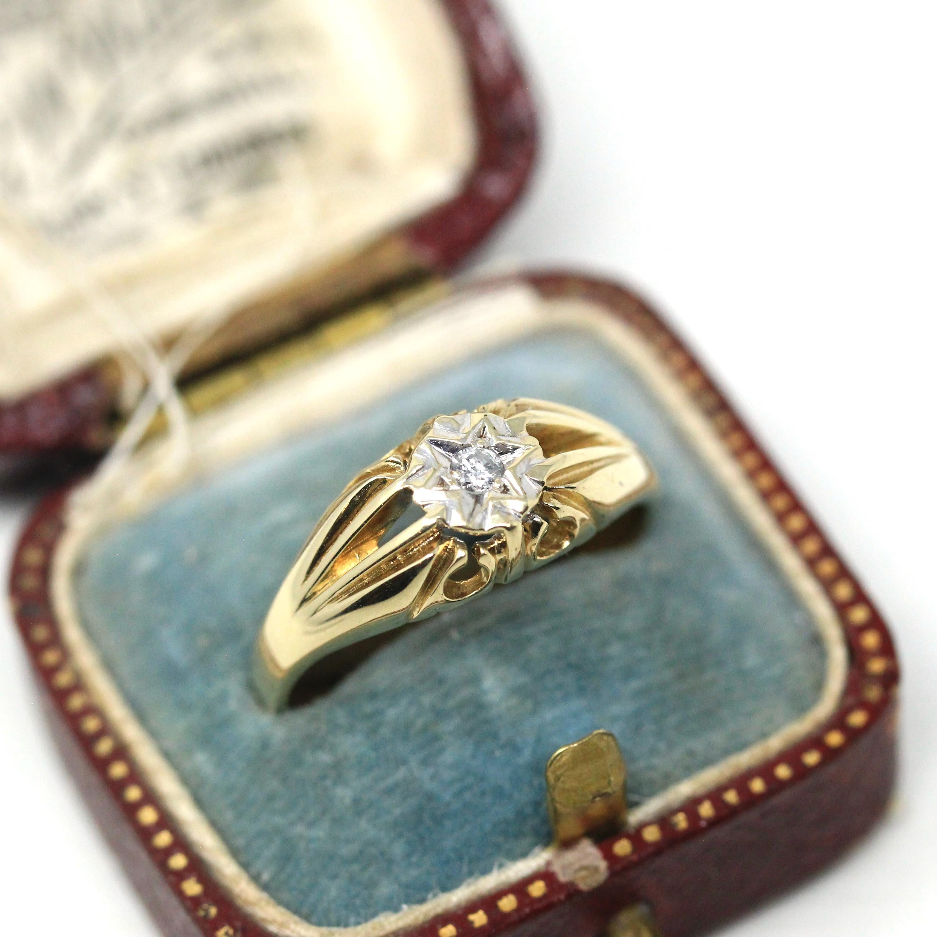 Star Diamond Ring - Modern Estate 9k Yellow Gold Natural .05 CT Gemstone Ring - Vintage Circa 1990s Size 8 Celestial Fine Bridal Jewelry