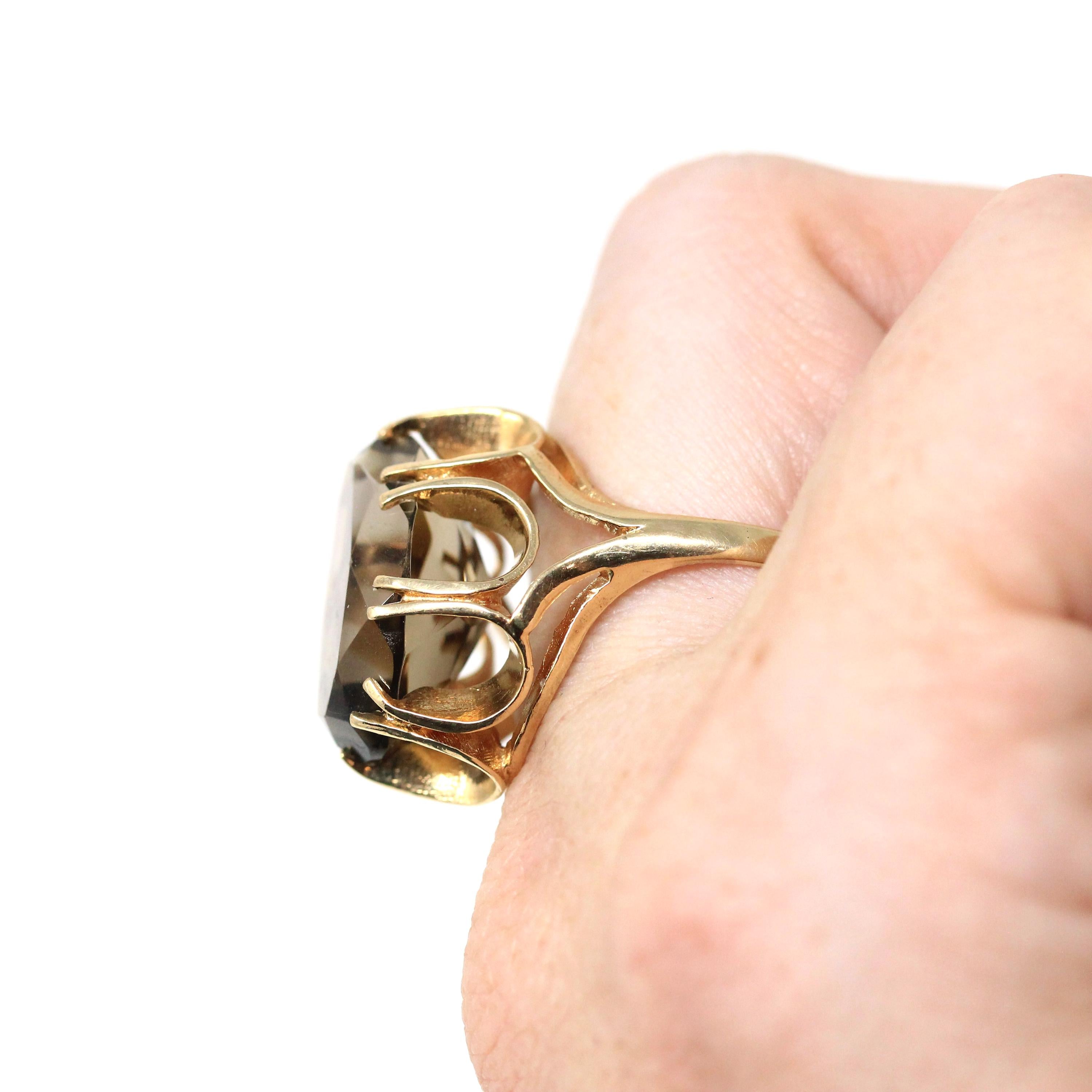 Vintage Smoky Quartz Ring - Retro 9k Yellow Gold Oval Cut Natural Brown Gemstone - Birmingham Hallmarked 1970s Era Size 7 3/4 Fine Jewelry