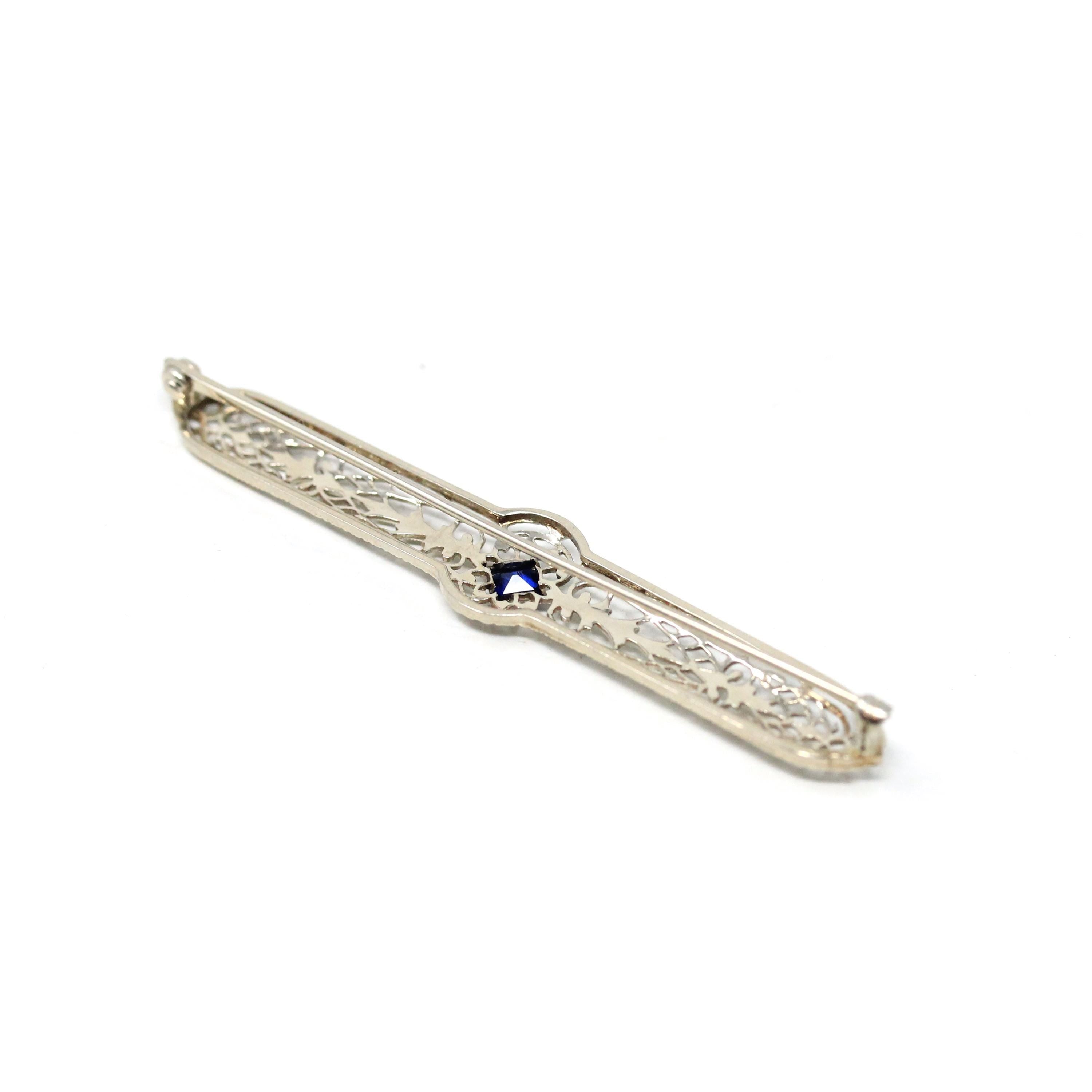 Art Deco Brooch - Vintage 10k White Gold Created Blue Sapphire Stone Pin - Circa 1930s Era Filigree Fashion Accessory Fine Jewelry