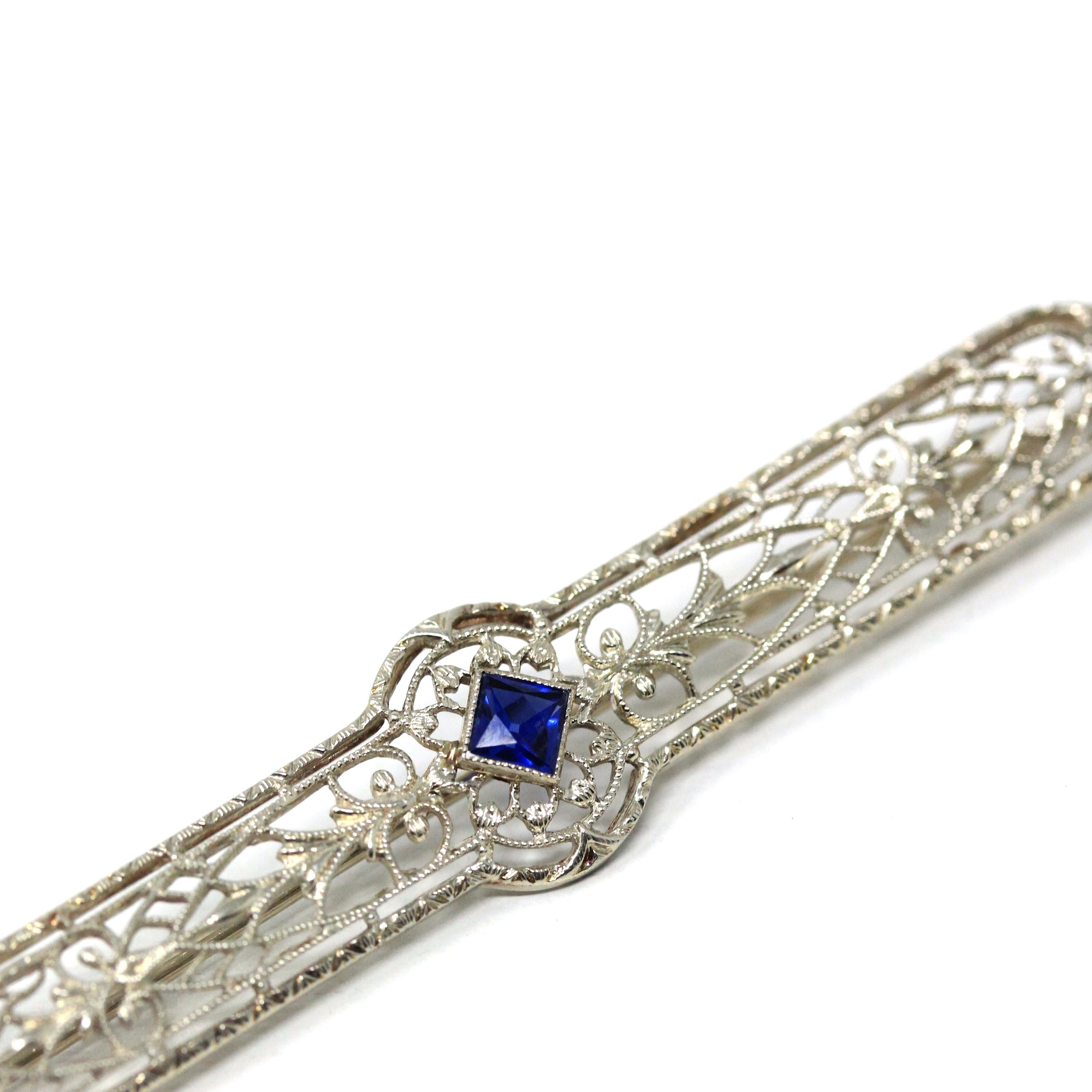 Art Deco Brooch - Vintage 10k White Gold Created Blue Sapphire Stone Pin - Circa 1930s Era Filigree Fashion Accessory Fine Jewelry