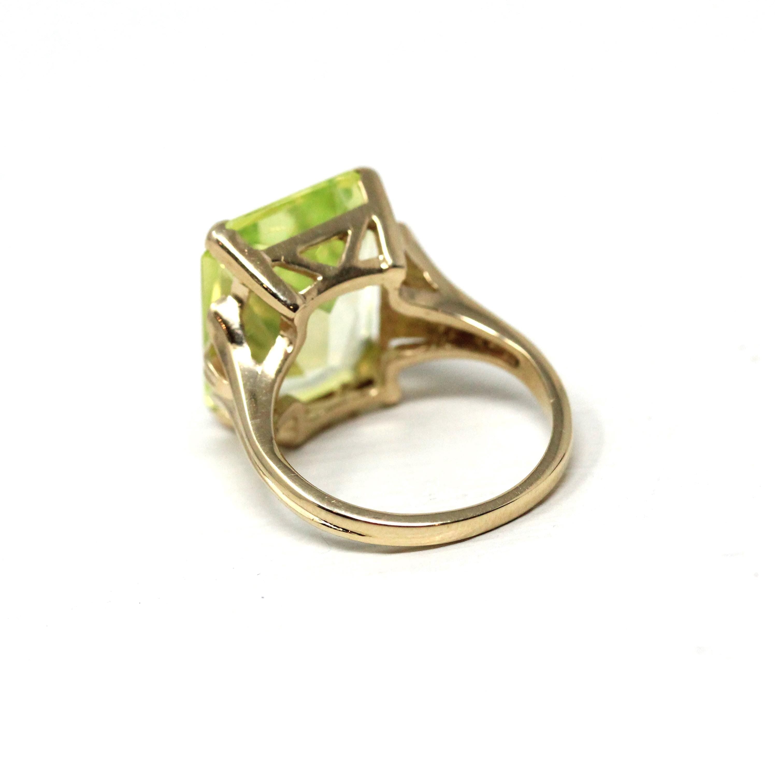 Created Spinel Ring - Retro 14k Yellow Gold Emerald Cut Light Green Stone - Vintage Circa 1960s Era Size 4 1/2 Fine Statement 60s Jewelry