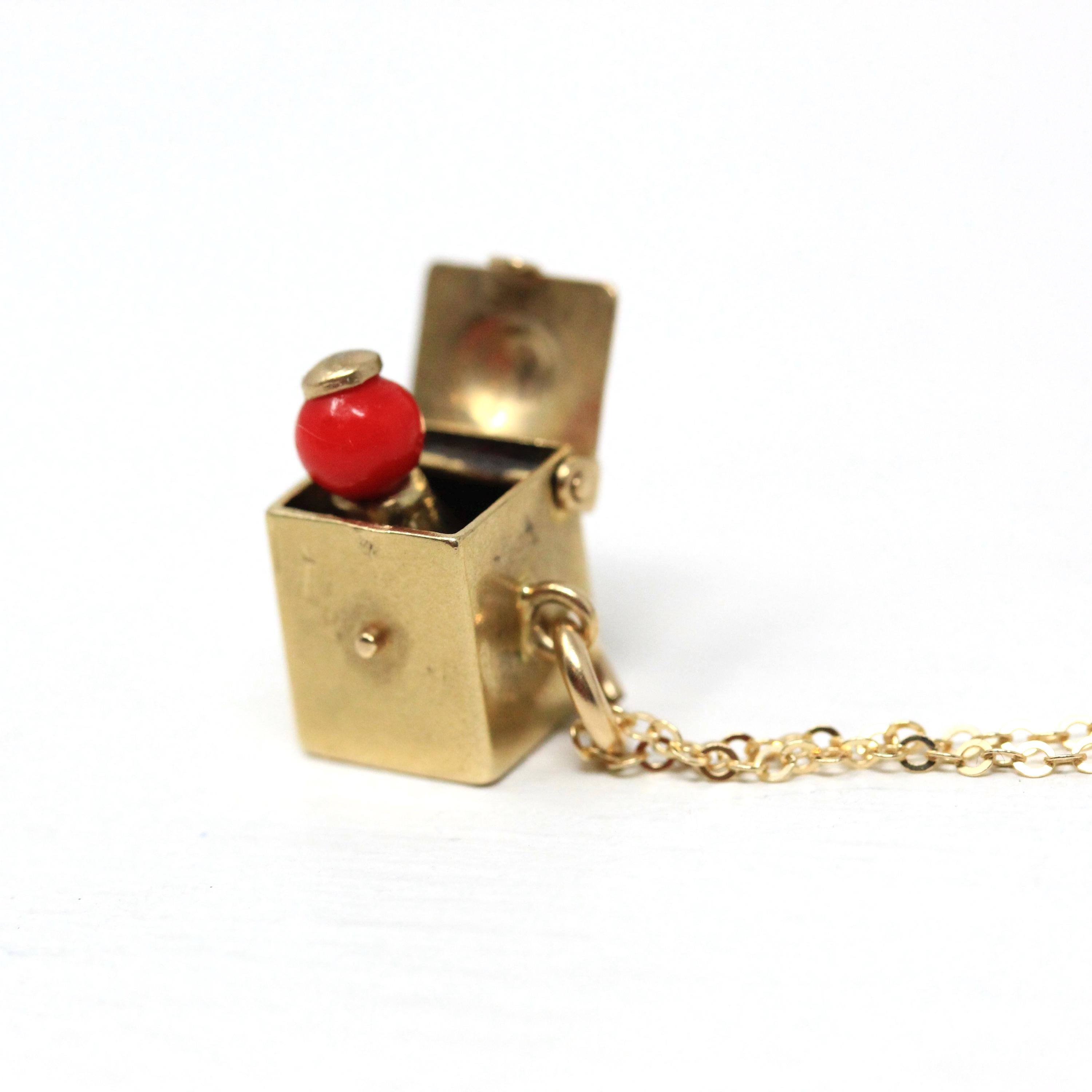 Jack-in-the Box-Charm - Vintage 14k Yellow Gold Moveable 3-D Pendant Necklace - Retro Circa 1960s Era Music Box Figural Pop Up Fine Jewelry